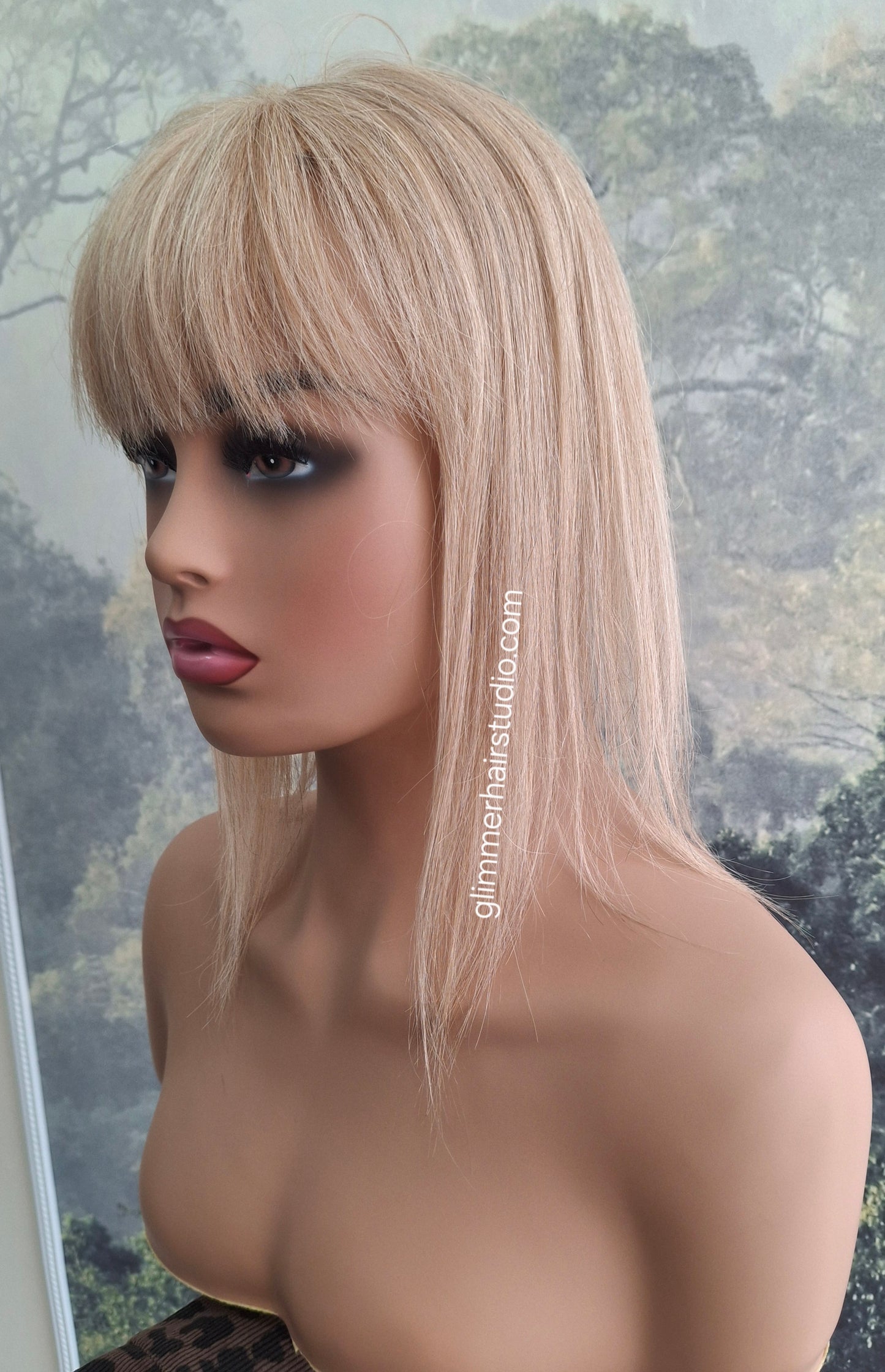 Betty lace and weft base human hair topper, small, lightweight, champagne blonde, fringe, bangs
