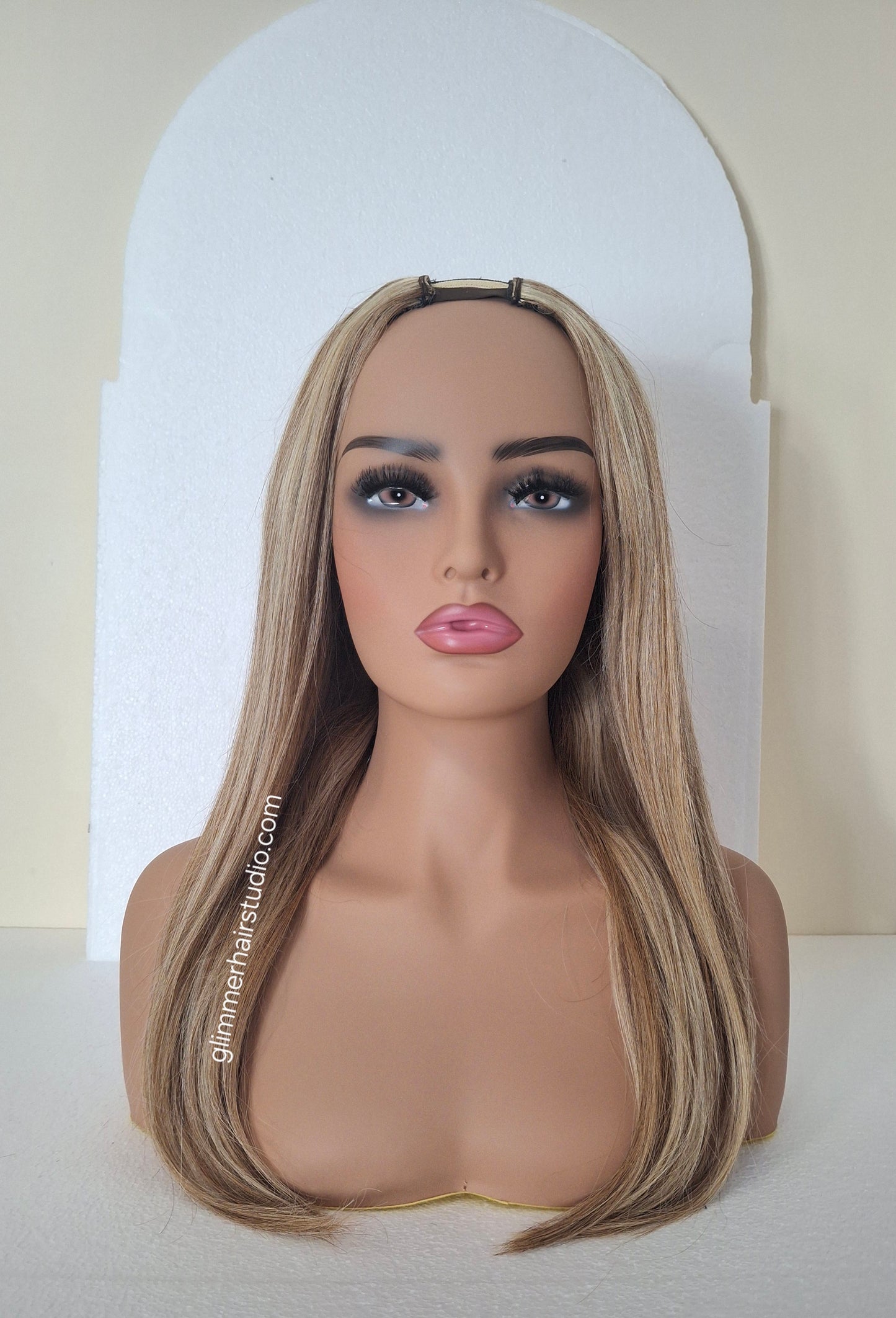 Grace U part wig, 100% human hair, #8/613-  golden brown, light blonde, 18  inches long