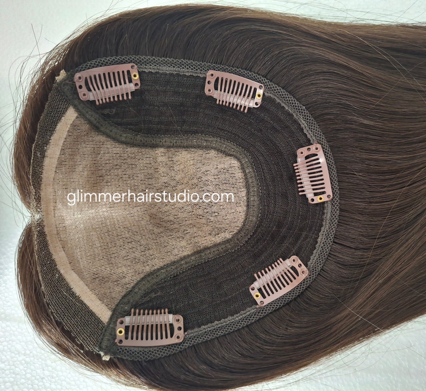 Reduced -Bella quality human hair topper, silk and weft base, lace front, 16 inches long, #4- dark chocolate