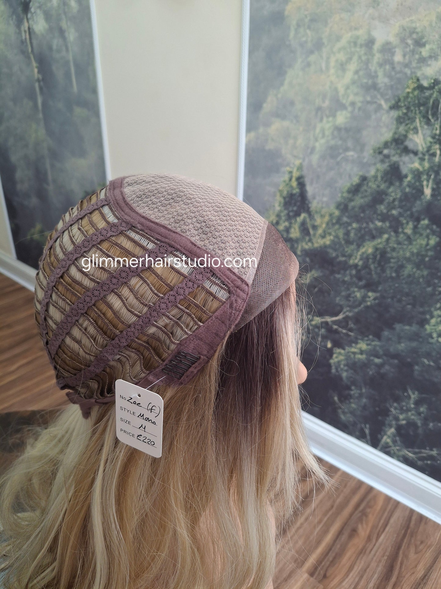 Zoe monofilament top fibre wig, beach wave texture, medium adjustable cap, honeysuckle
