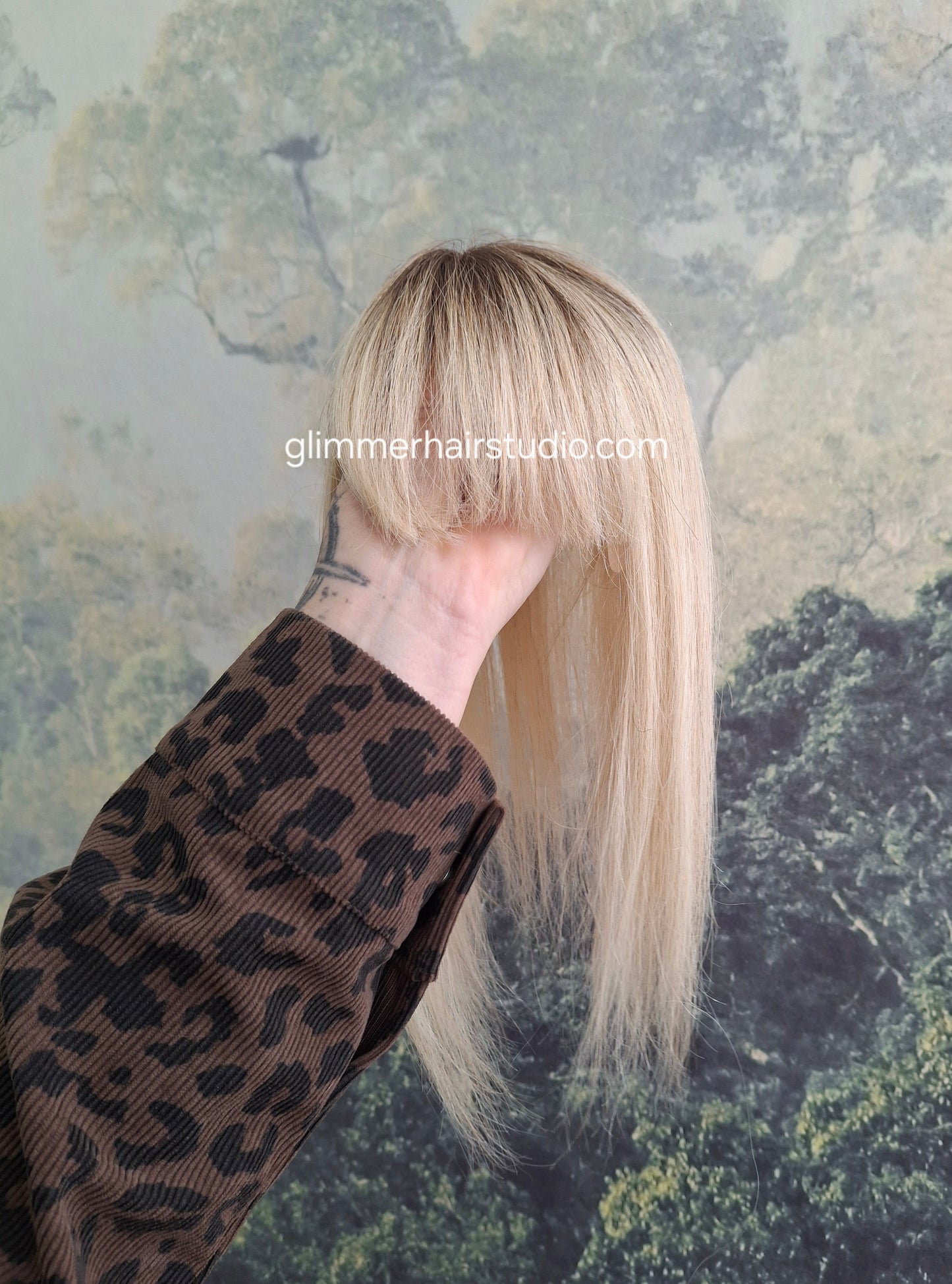 Betty lace and weft base human hair topper, small, lightweight, honey blonde with root, fringe, bangs