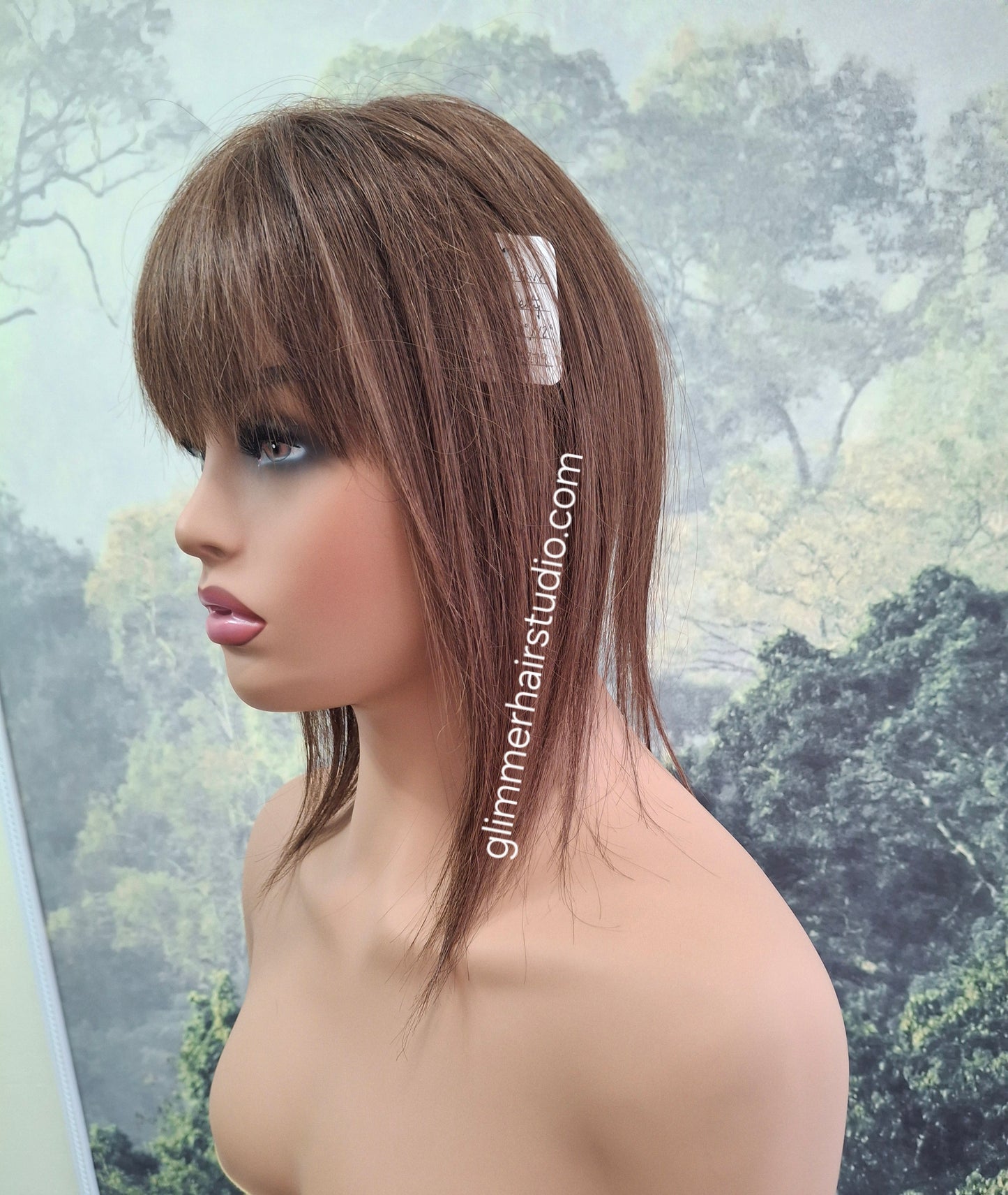 Betty lace and weft base human hair topper, small, lightweight, dark brown, fringe, bangs