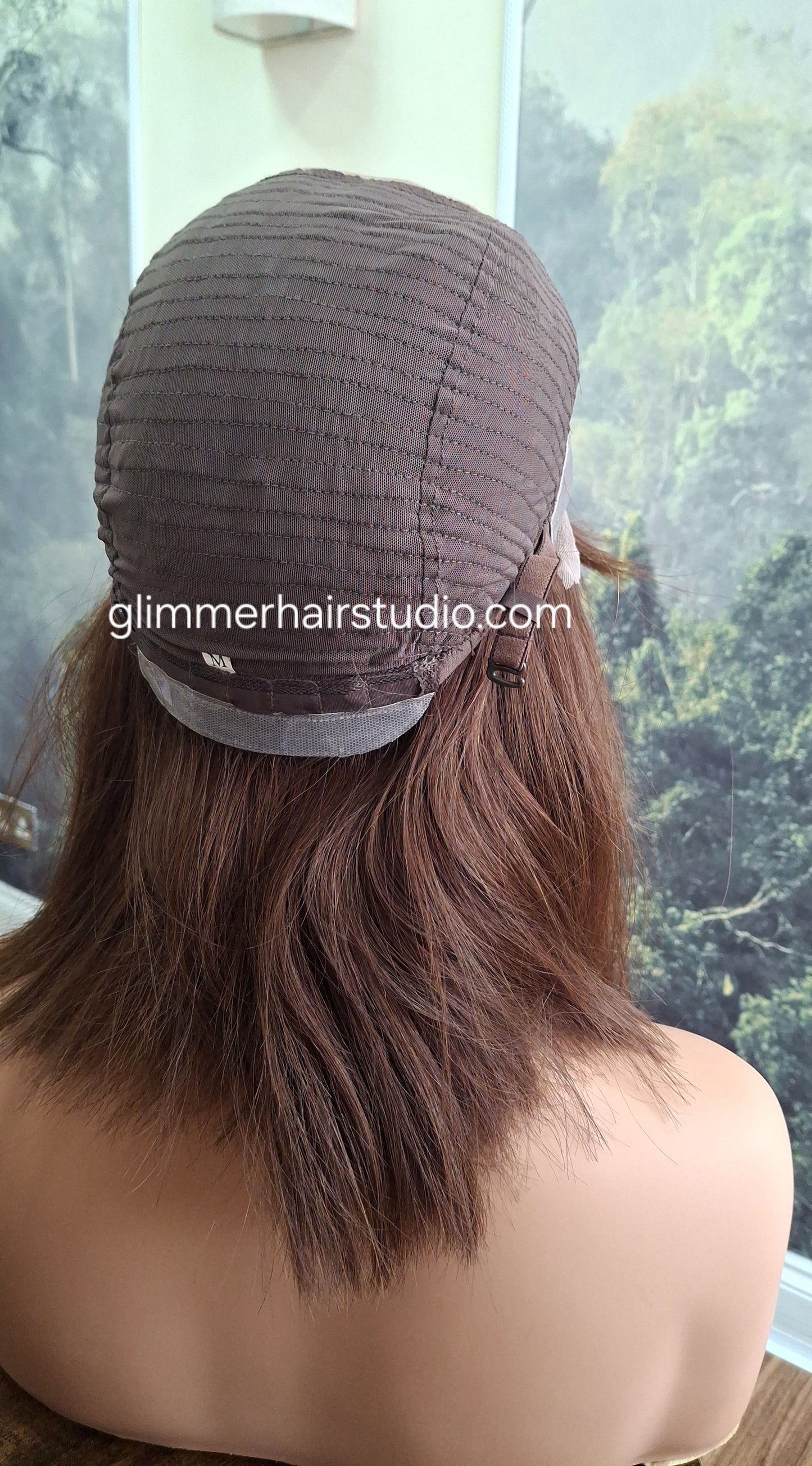 Lila human hair lace and silk wig, chocolate brown, medium