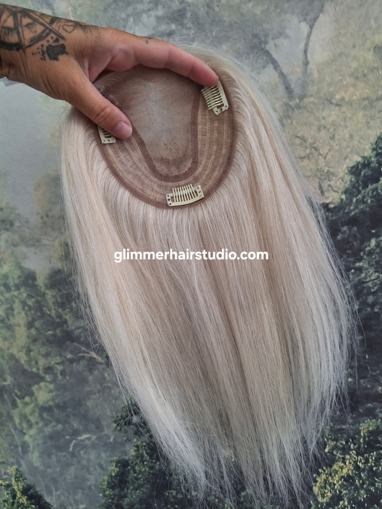 Betty lace and weft base human hair topper, small, lightweight, pearl blonde