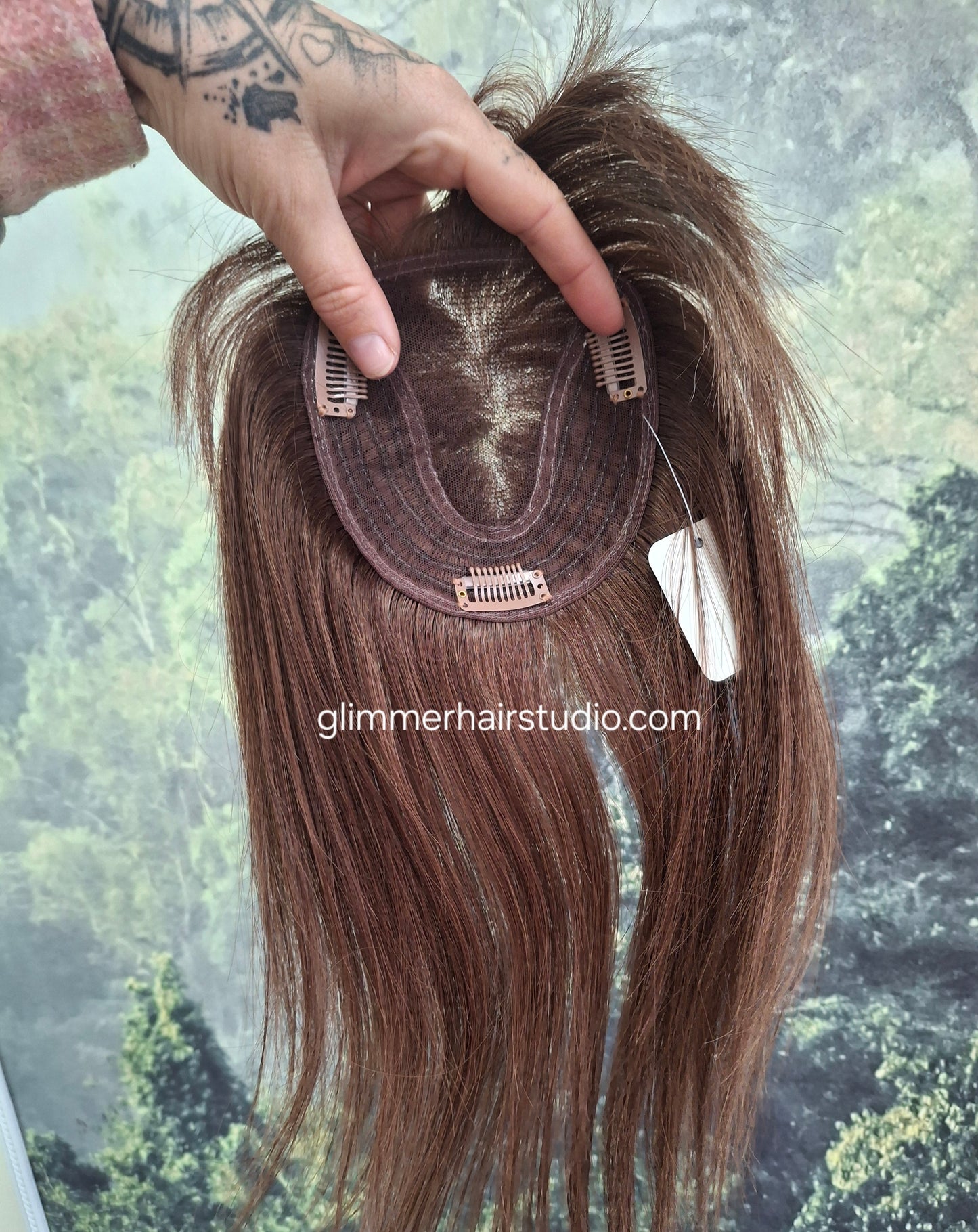 Betty lace and weft base human hair topper, small, lightweight, dark brown, fringe, bangs