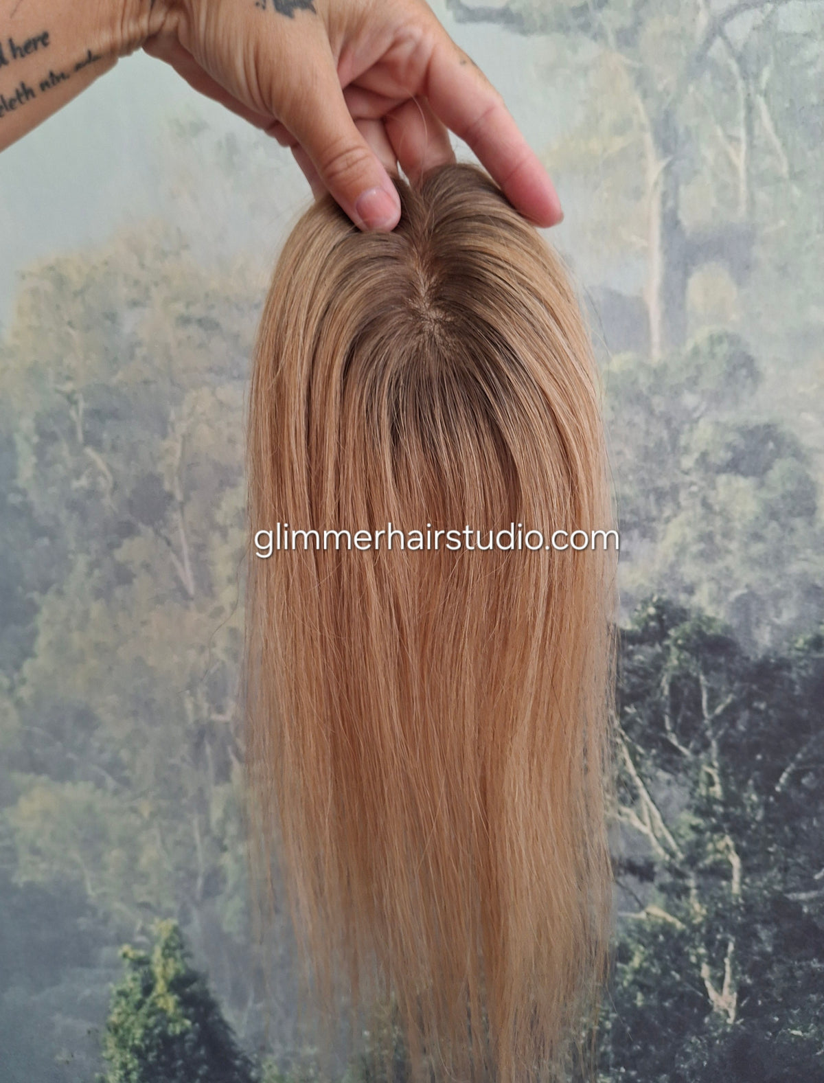 Teeny topper, strawberry blonde with root, silk base human hair booster, 14 inches long