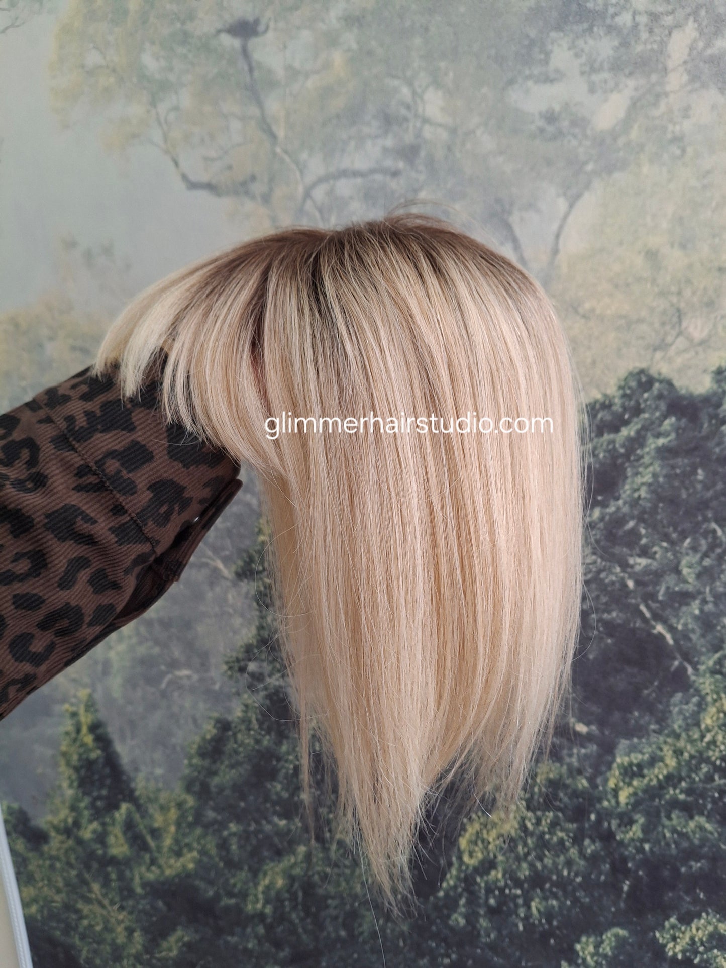 Betty lace and weft base human hair topper, small, lightweight, honey blonde with root, fringe, bangs