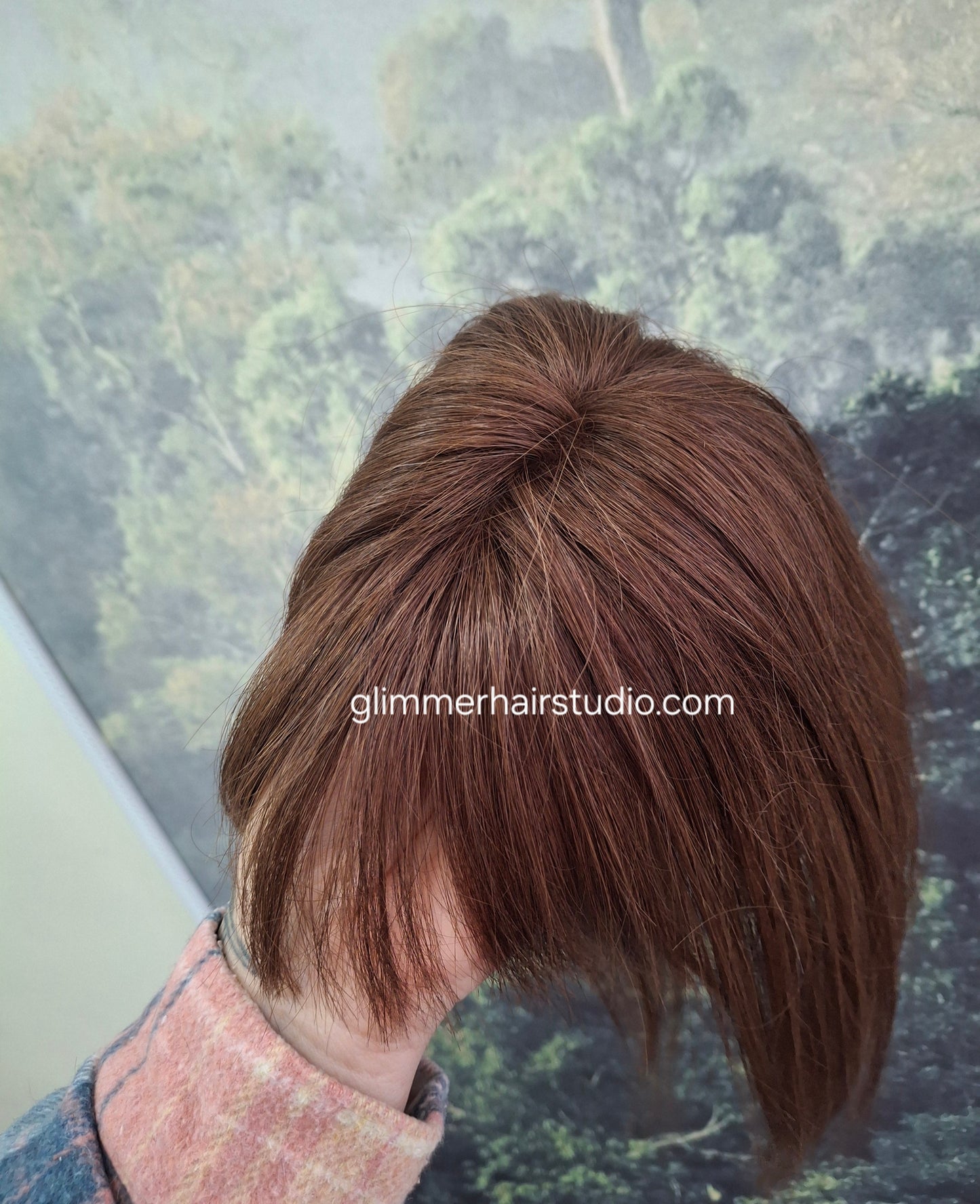 Betty lace and weft base human hair topper, small, lightweight, dark brown, fringe, bangs