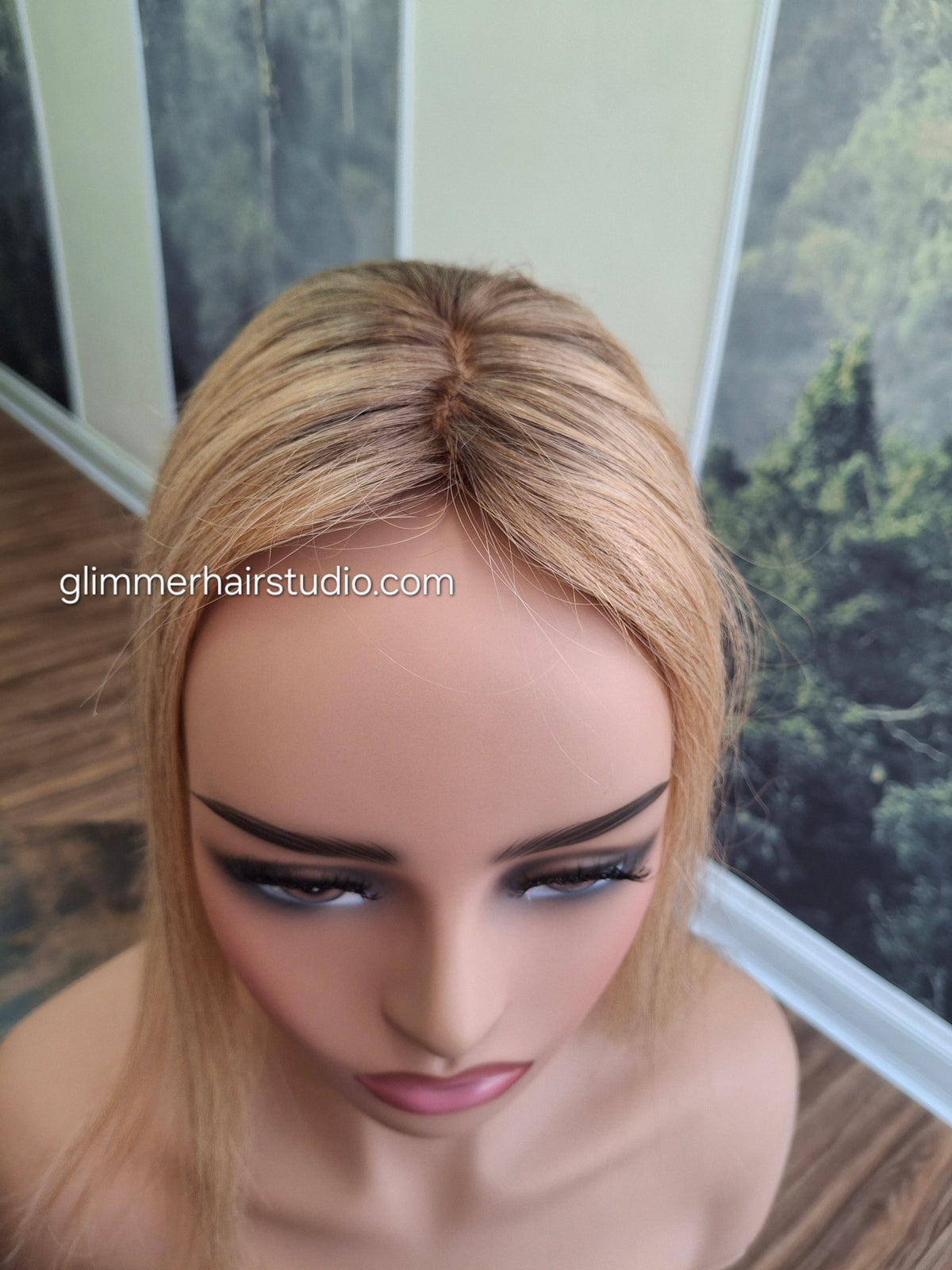 Teeny topper, strawberry blonde with root, silk base human hair booster, 14 inches long