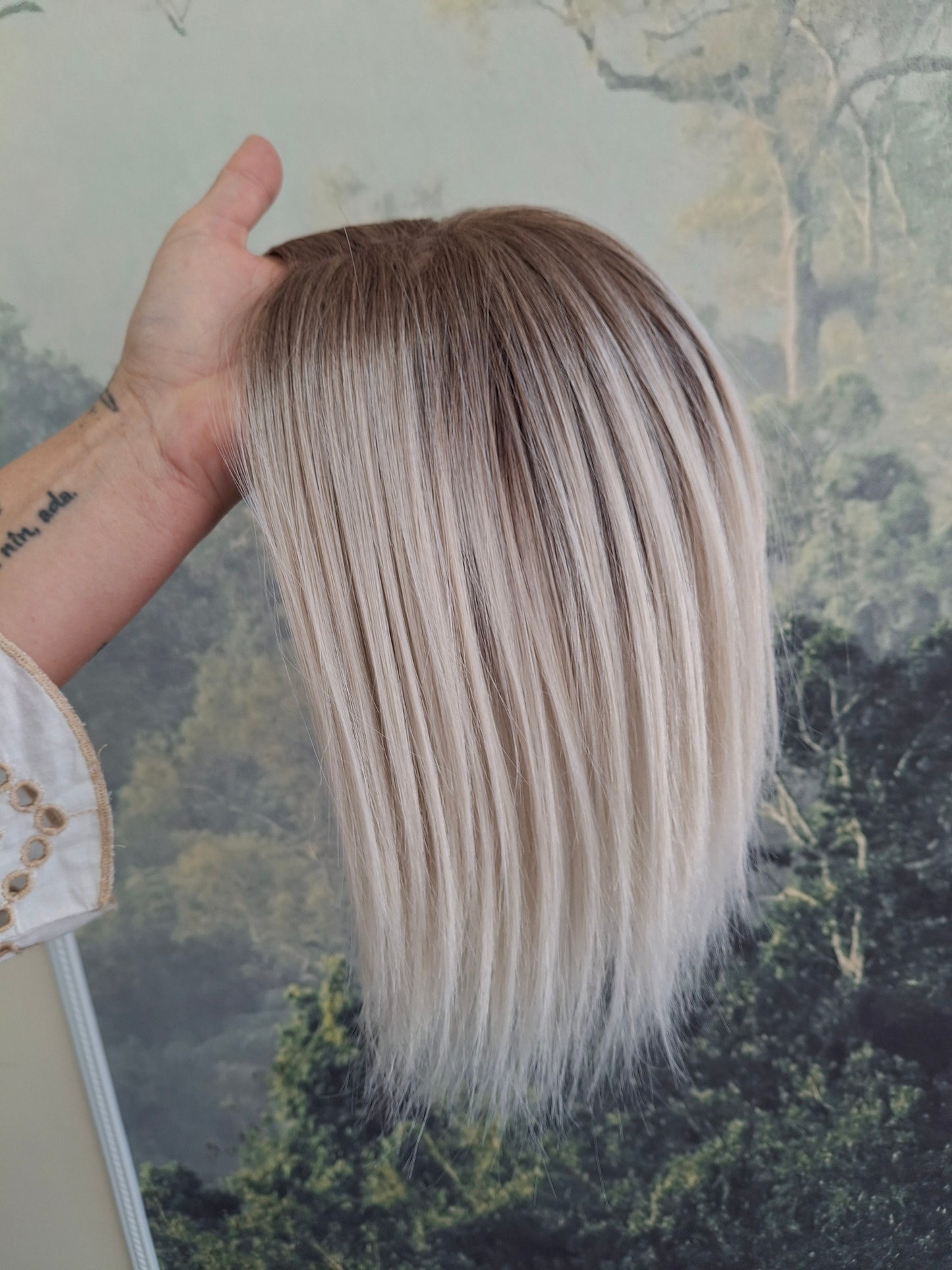 Baby Callie Fibre topper, lace closure with weft, large size, full coverage, snowflake blonde, 12 inches long