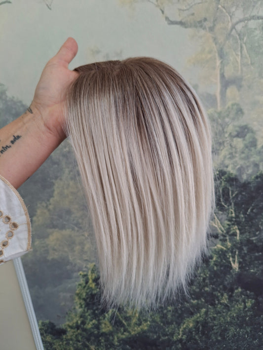 Baby Callie Fibre topper, lace closure with weft, large size, full coverage, snowflake blonde, 12 inches long