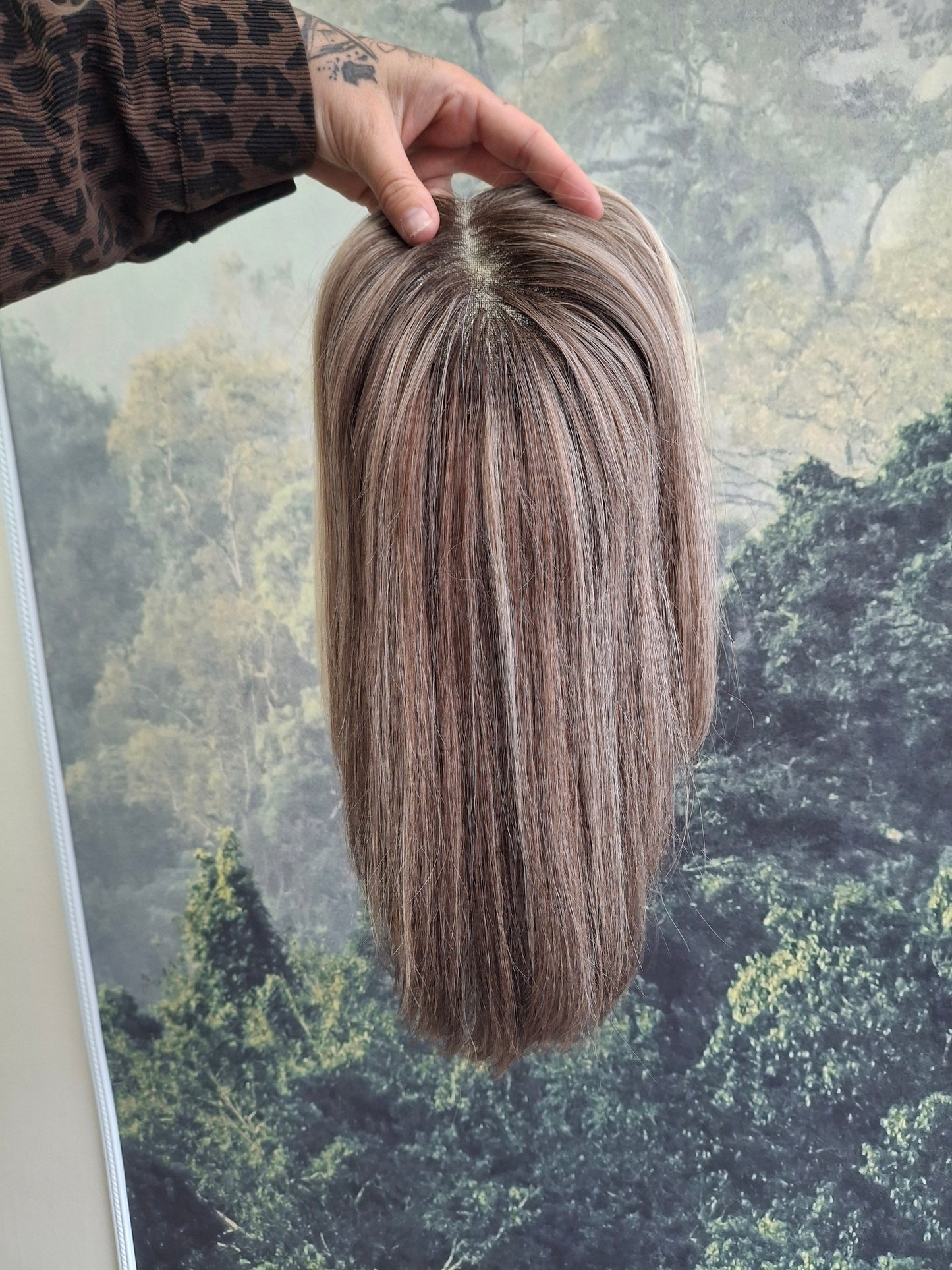 Baby Callie topper, swiss lace closure with weft, large size, full coverage, smoke and ash, 12 inches long