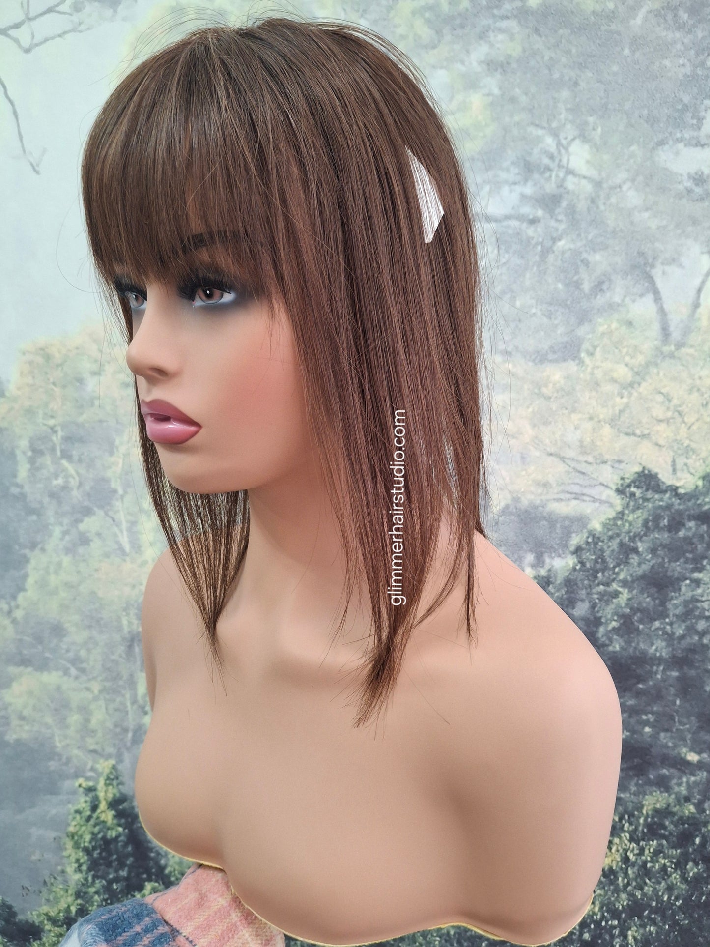Betty lace and weft base human hair topper, small, lightweight, darkest brown, fringe, bangs
