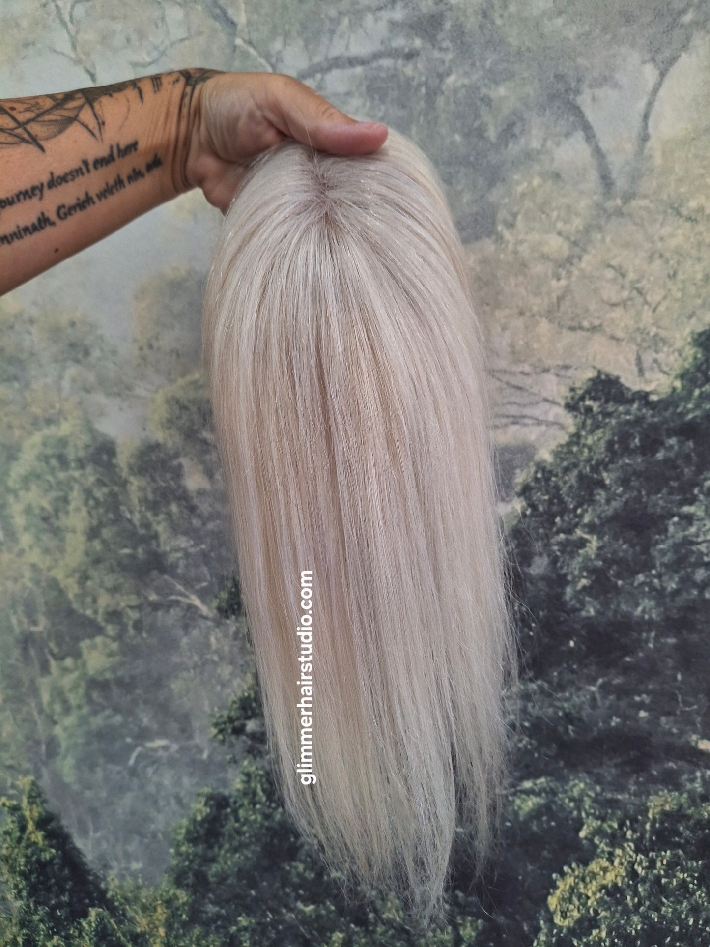 Betty lace and weft base human hair topper, small, lightweight, pearl blonde
