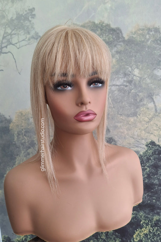 Betty lace and weft base human hair topper, small, lightweight, champagne blonde, fringe, bangs