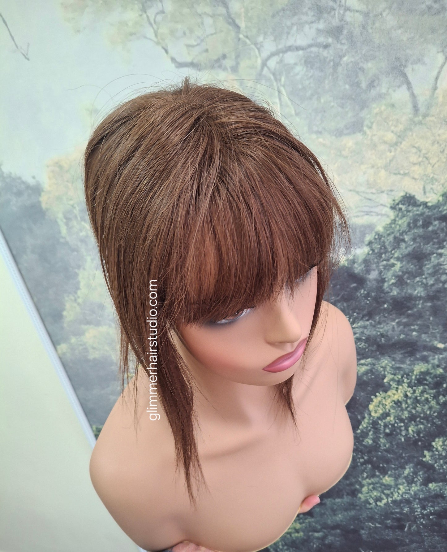 Betty lace and weft base human hair topper, small, lightweight, dark brown, fringe, bangs
