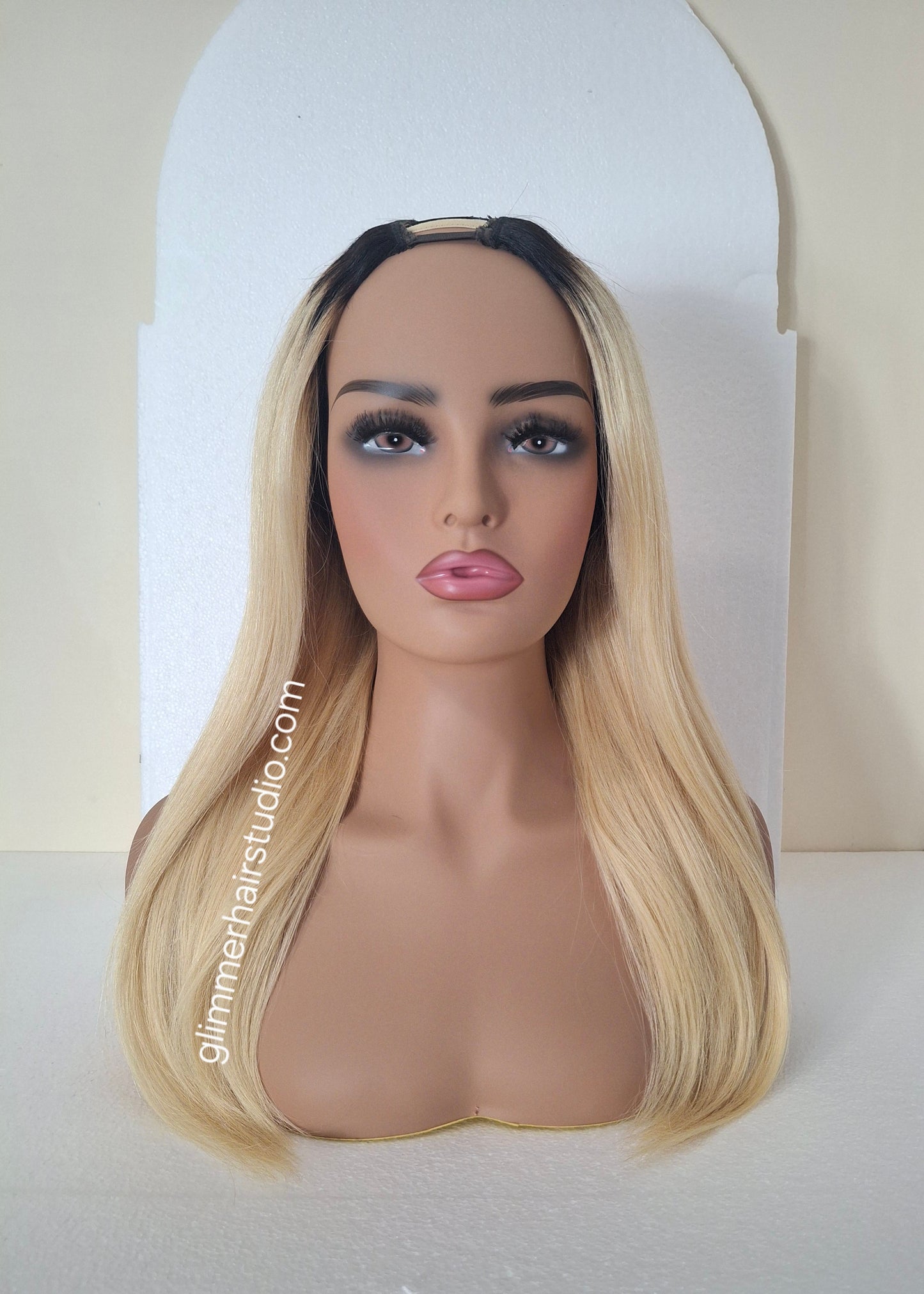Grace U part wig, 100% human hair, #613- light blonde, dark root 18  inches long