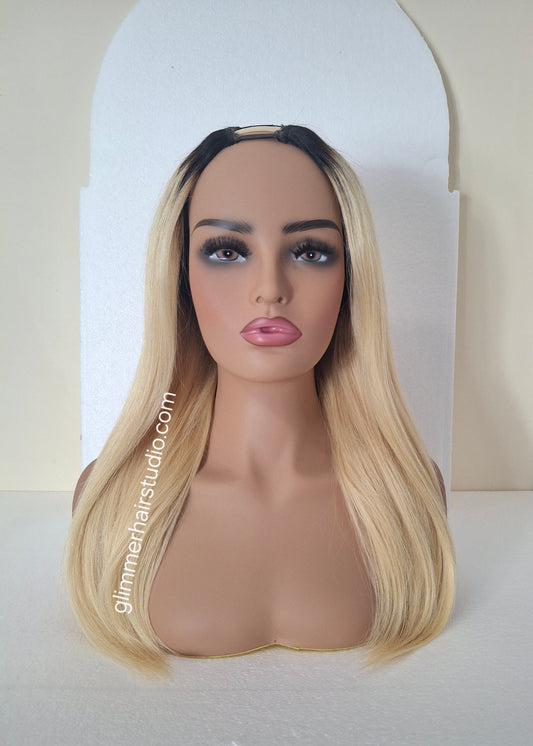Grace U part wig, 100% human hair, #613- light blonde, dark root 18  inches long