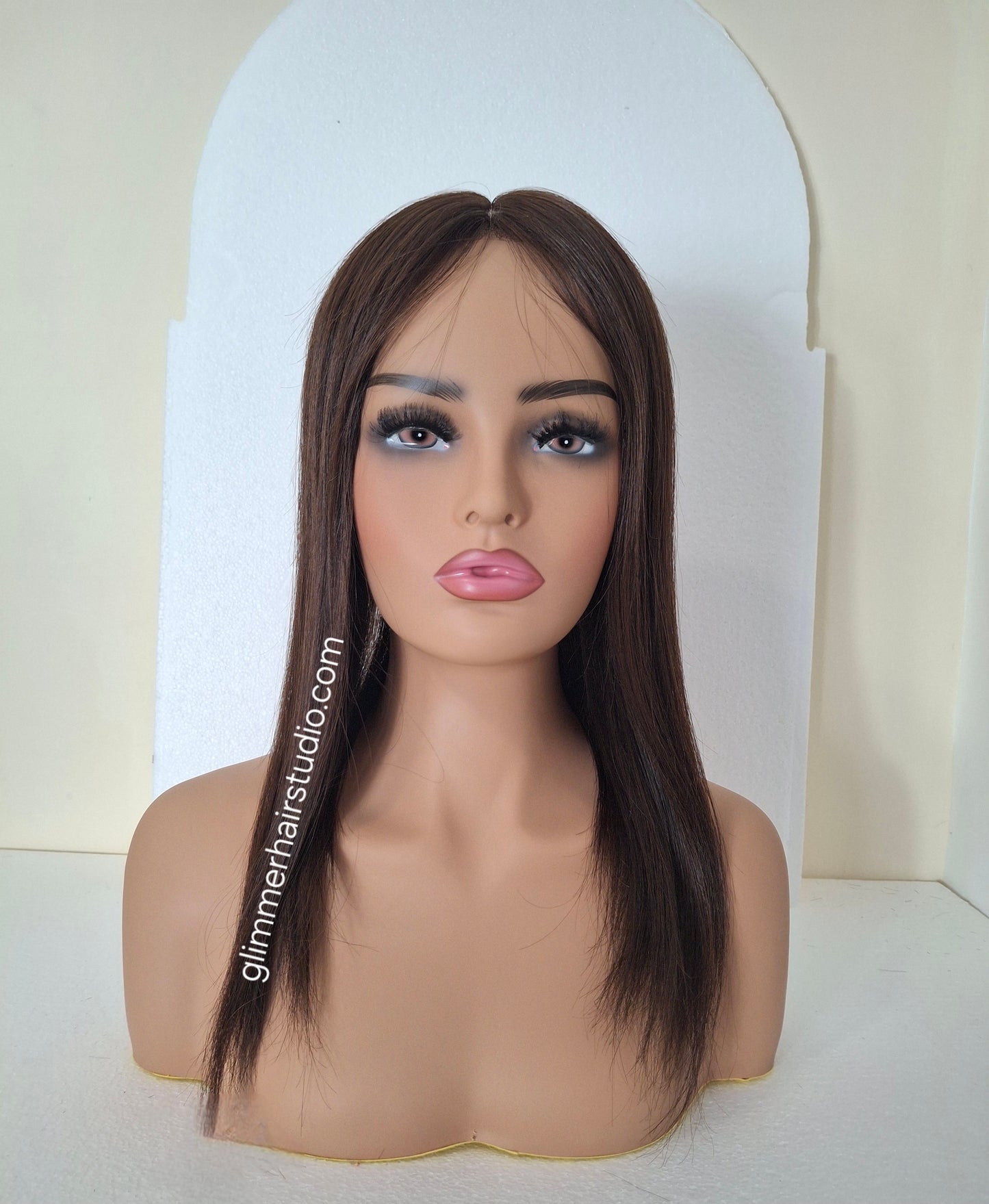 Reduced -Bella quality human hair topper, silk and weft base, lace front, 16 inches long, #4- dark chocolate