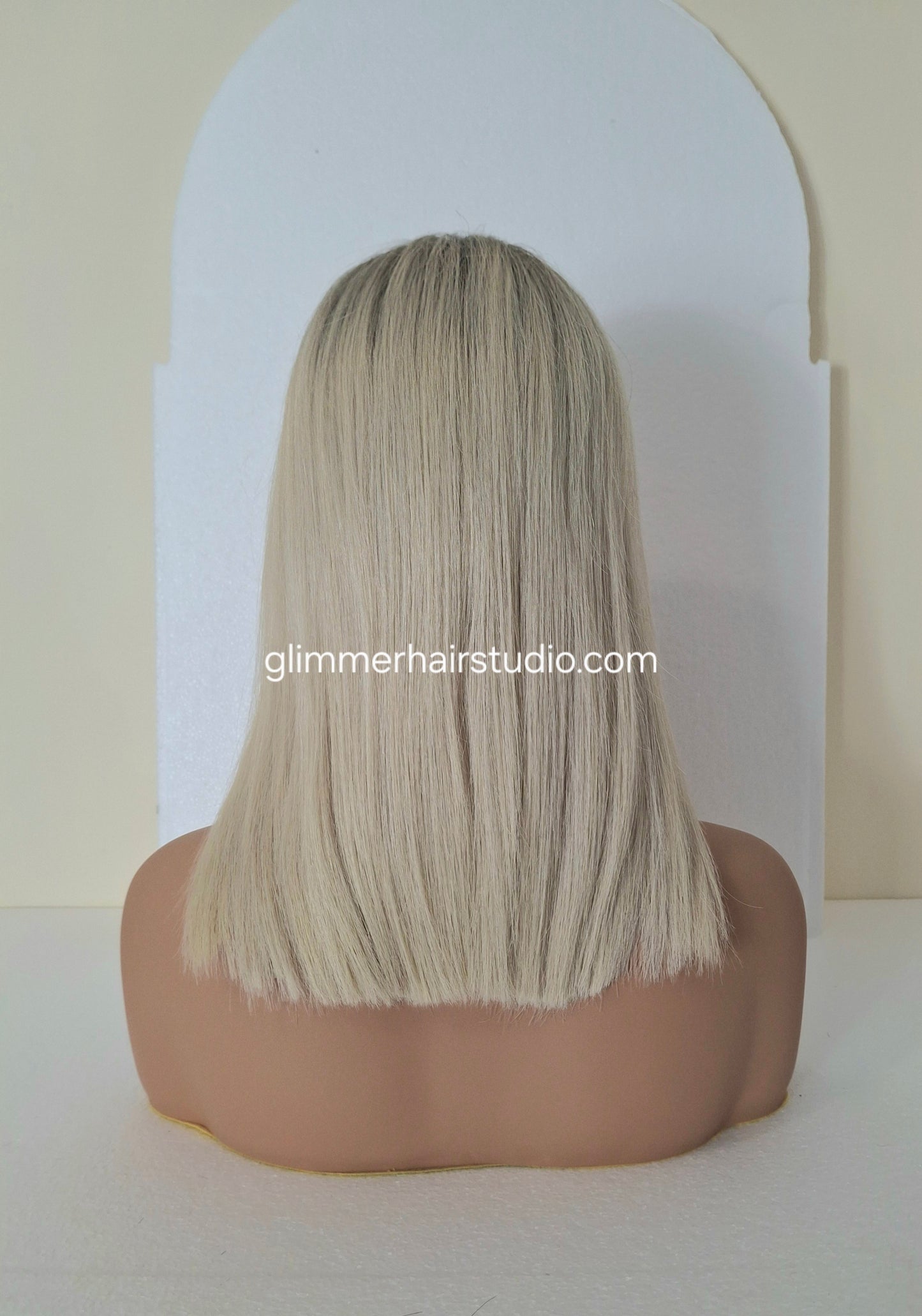 Lila human hair lace and silk wig, light blonde with shadow root, medium