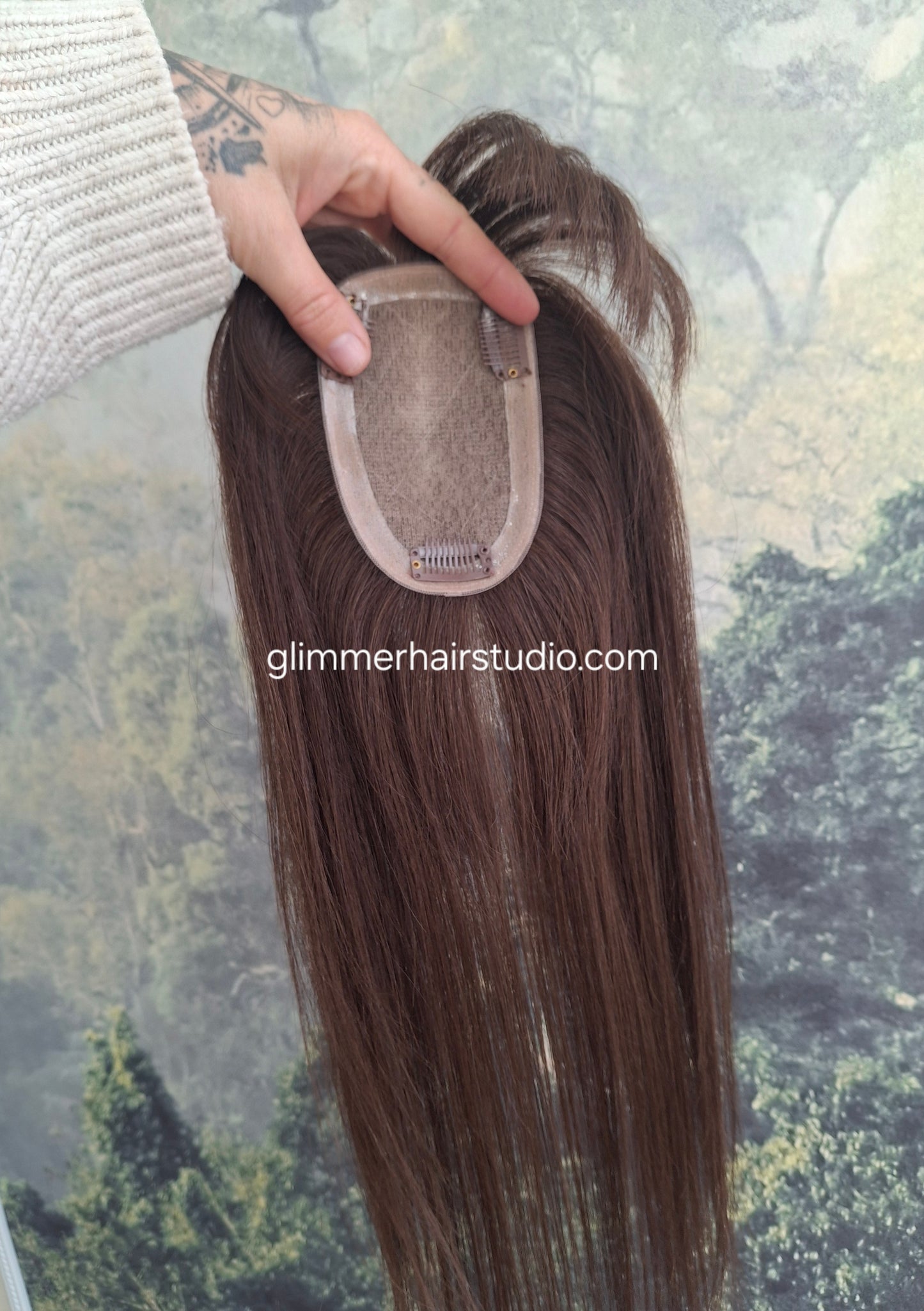 Elle topper, full silk base with scalp effect, parting coverage, Americano, 16 inches long, fringe, bangs