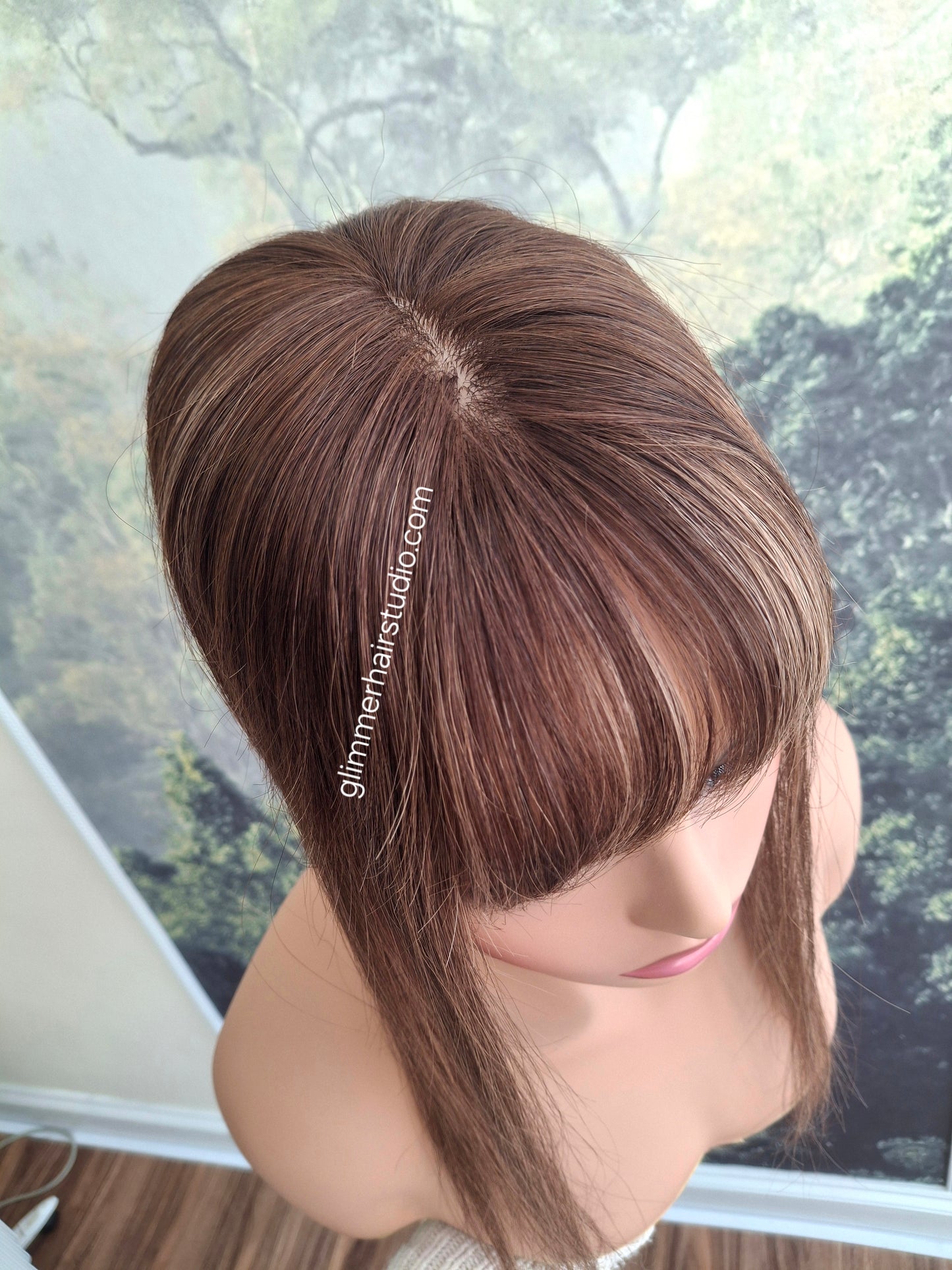 Elle topper, full silk base with scalp effect, parting coverage, spiced Americano, 16 inches long, fringe, bangs