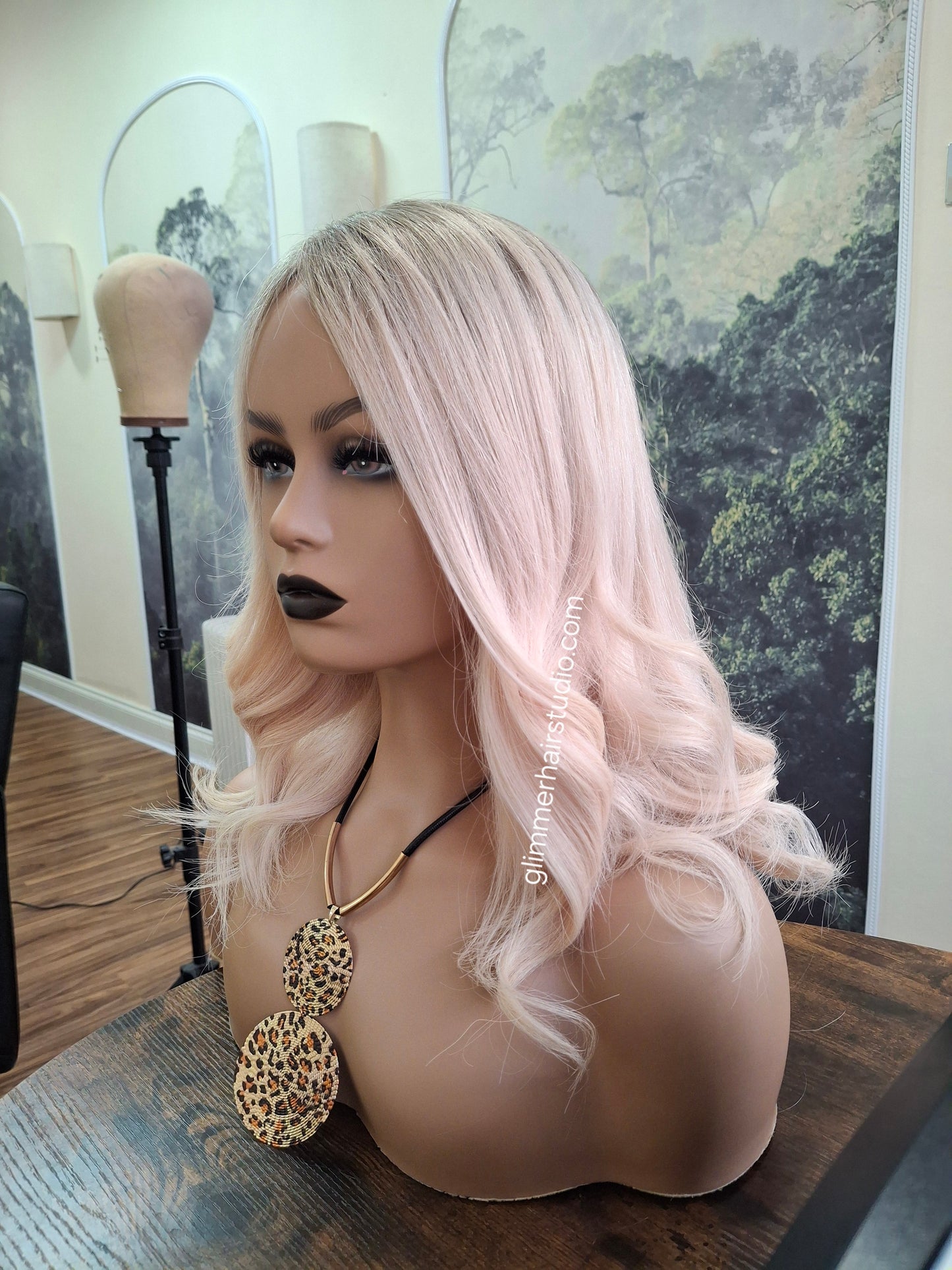 Lila human hair lace and silk wig, light blonde with shadow root, medium