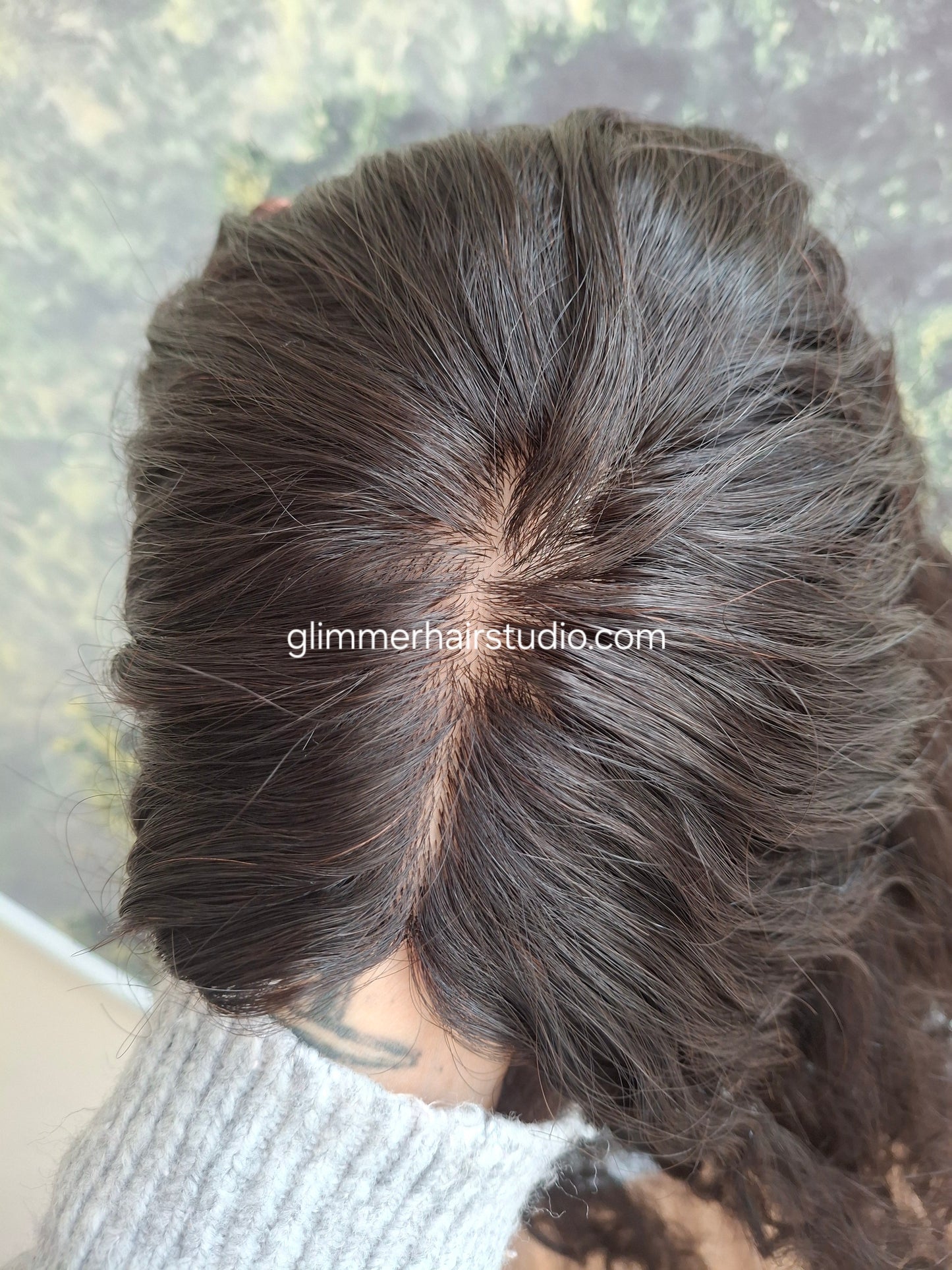 Mila quality human hair topper, full silk base, handmade, 20 inches long, #1b natural black water wave