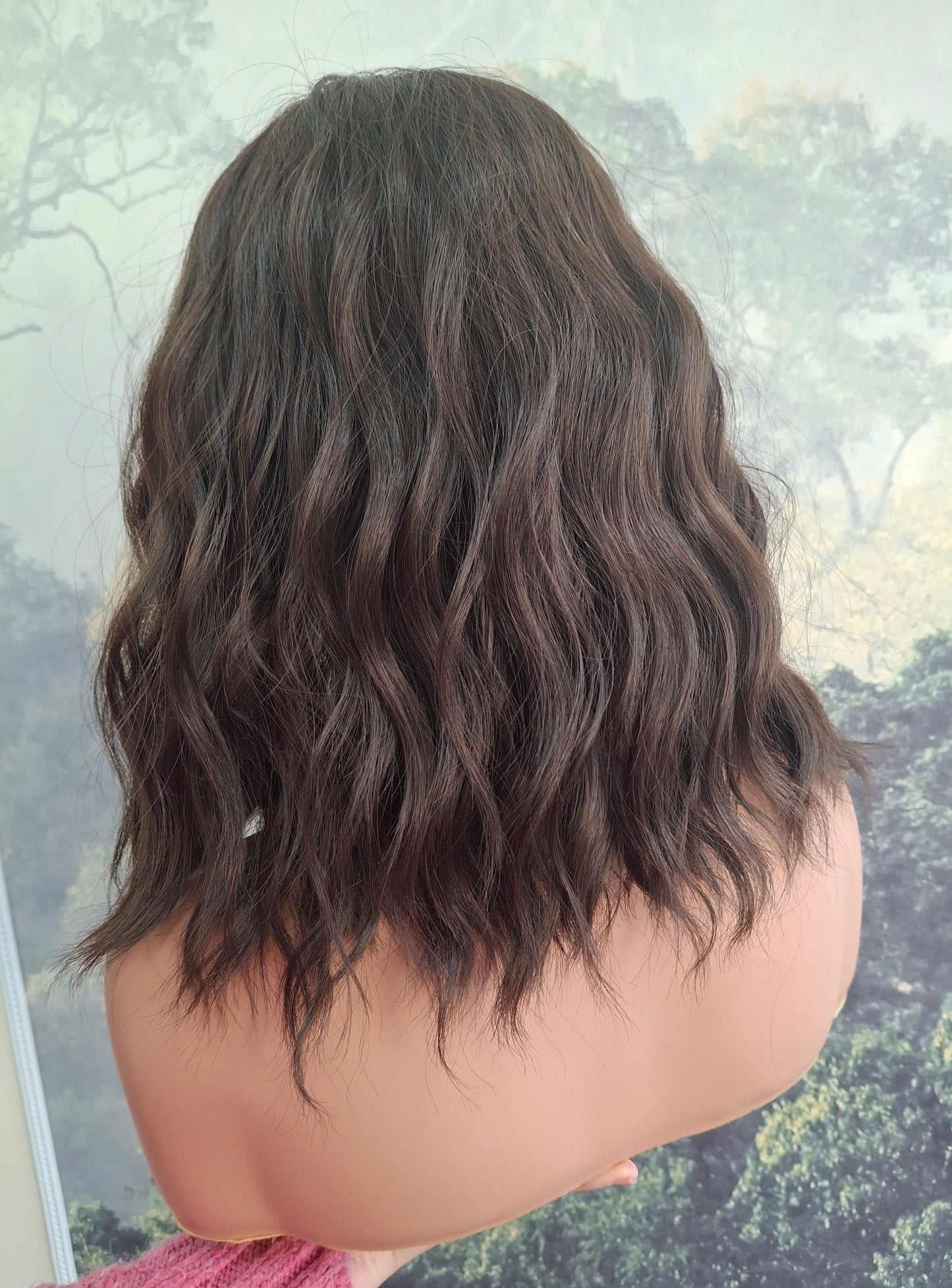 Clearance -Amy budget friendly fibre wig, layers, wavy dark brown, Medium adjustable cap