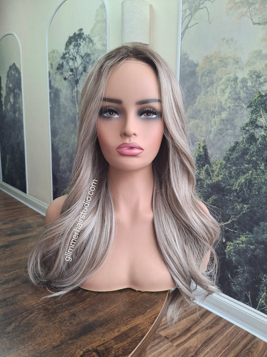 Zoe monofilament top fibre wig, bodywave texture, medium adjustable cap, smokey Joe