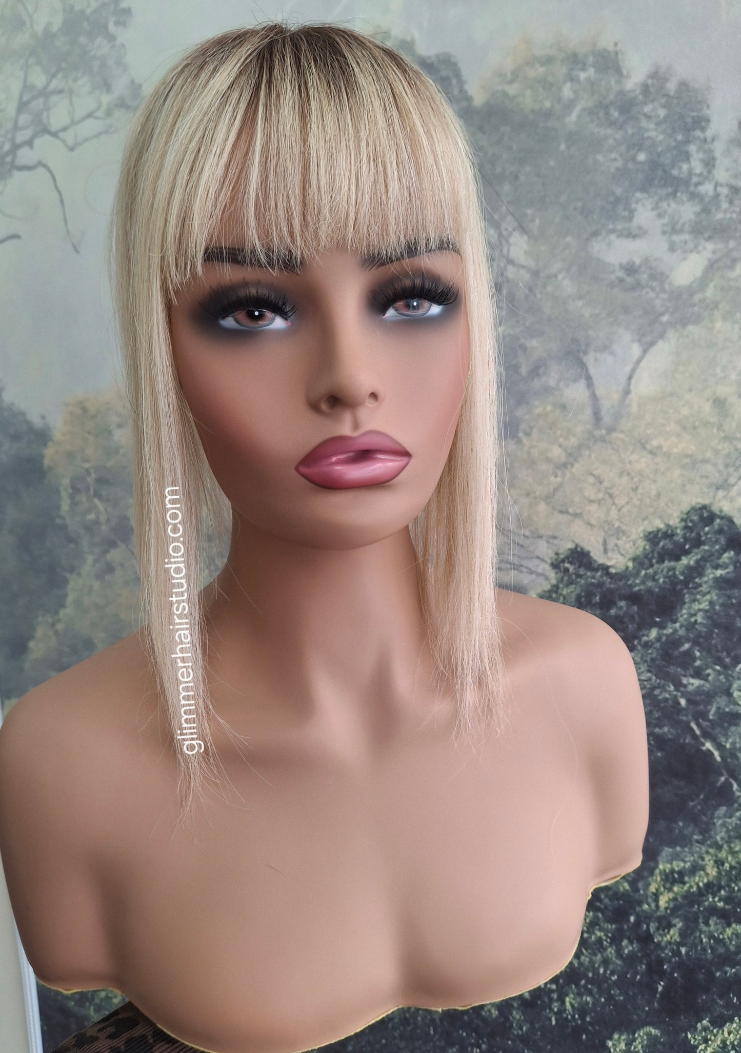Betty lace and weft base human hair topper, small, lightweight, honey blonde with root, fringe, bangs