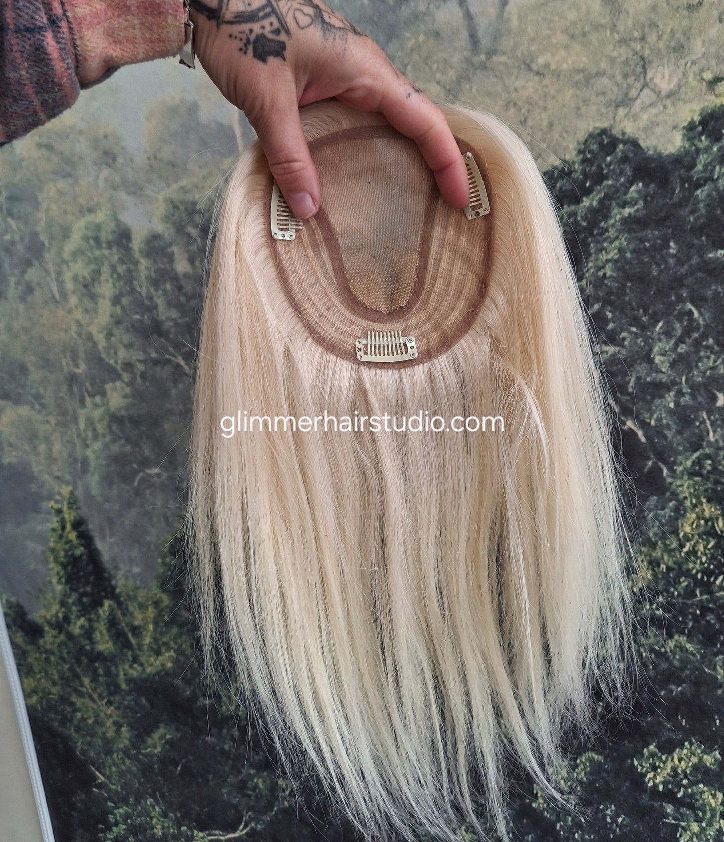 Betty lace and weft base human hair topper, small, lightweight, lightest blonde