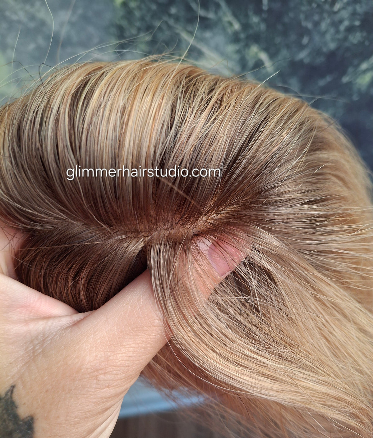 Teeny topper, strawberry blonde with root, silk base human hair booster, 14 inches long