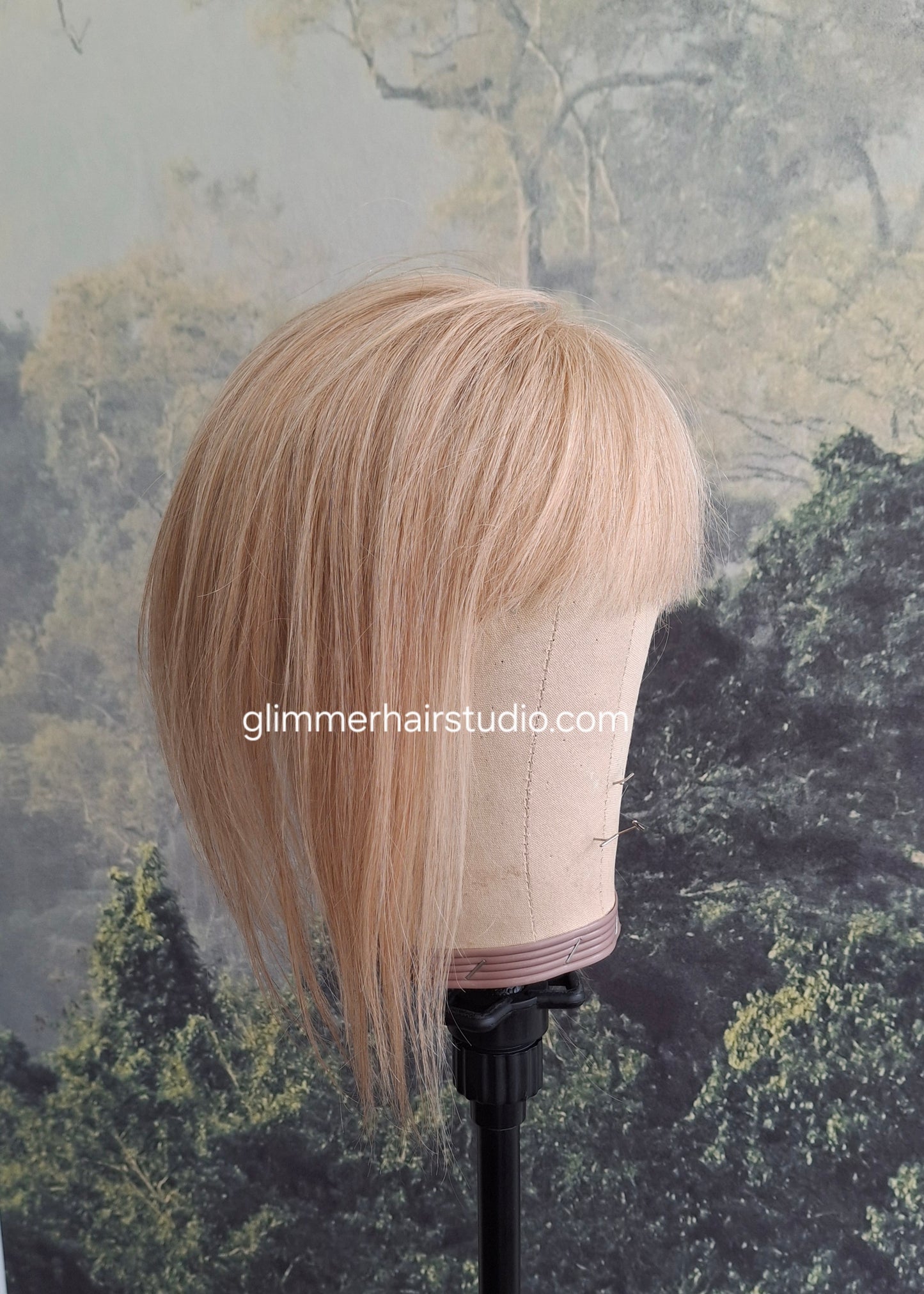 Betty lace and weft base human hair topper, small, lightweight, champagne blonde, fringe, bangs