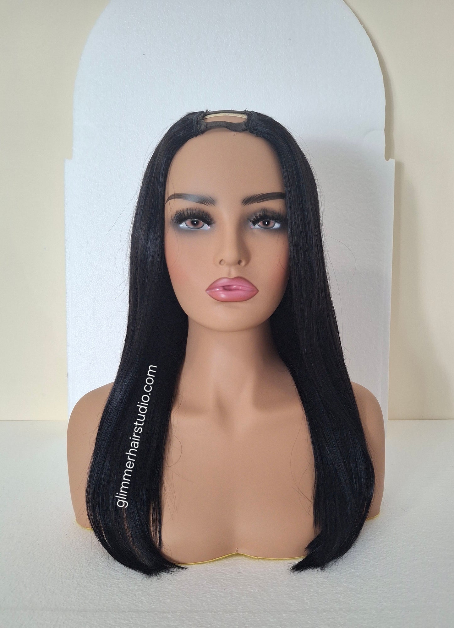 Grace U part wig, 100% human hair, #1b soft black, 18  inches long