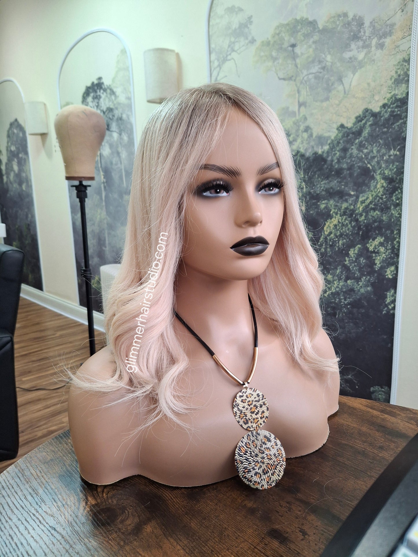 Lila human hair lace and silk wig, light blonde with shadow root, medium