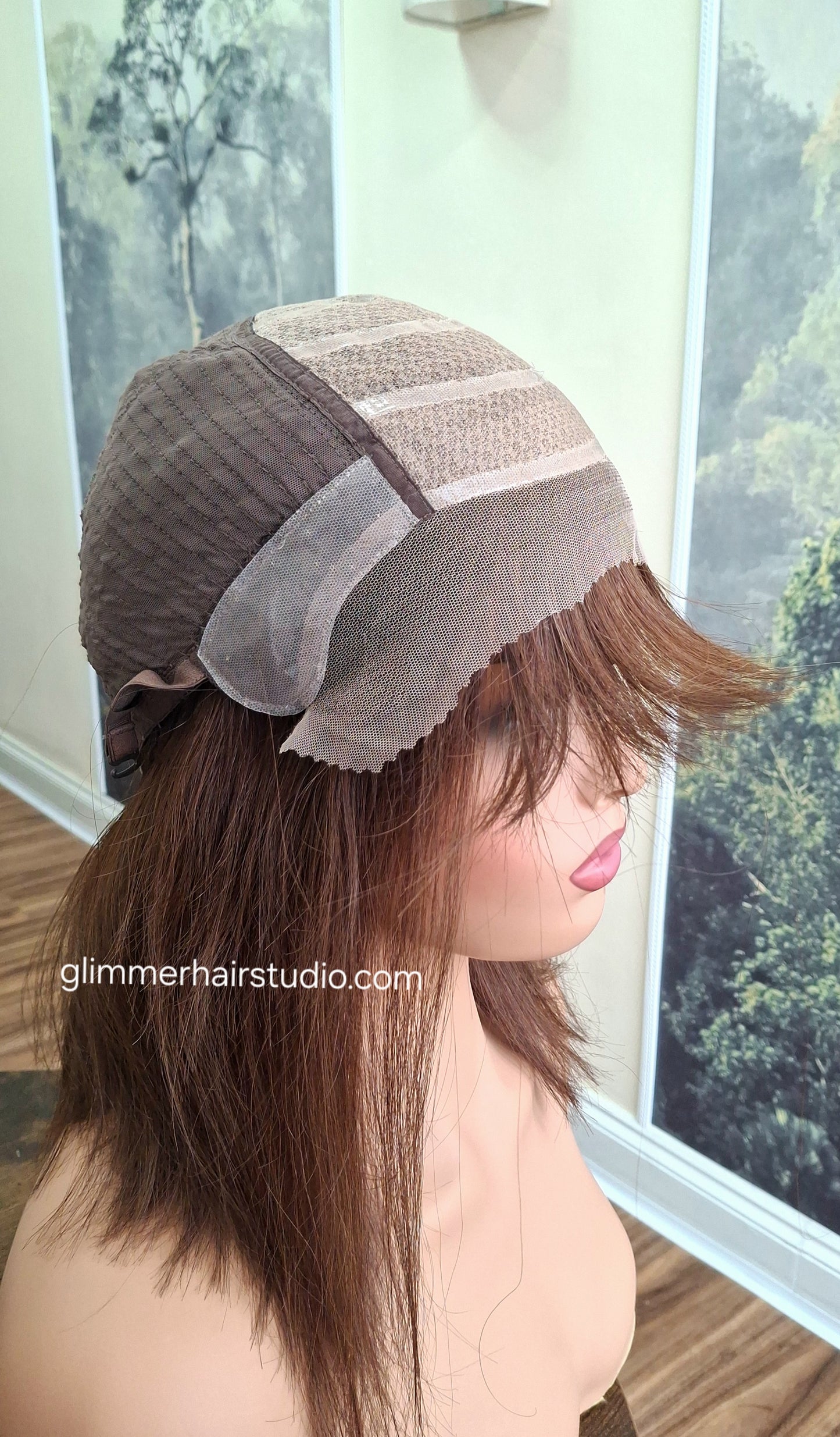 Lila human hair lace and silk wig, chocolate brown, medium