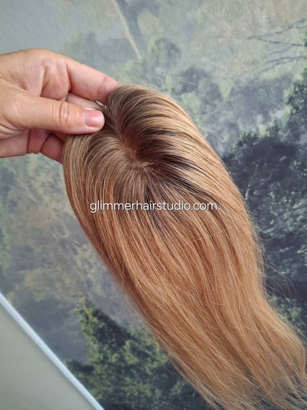 Teeny topper, strawberry blonde with root, silk base human hair booster, 14 inches long