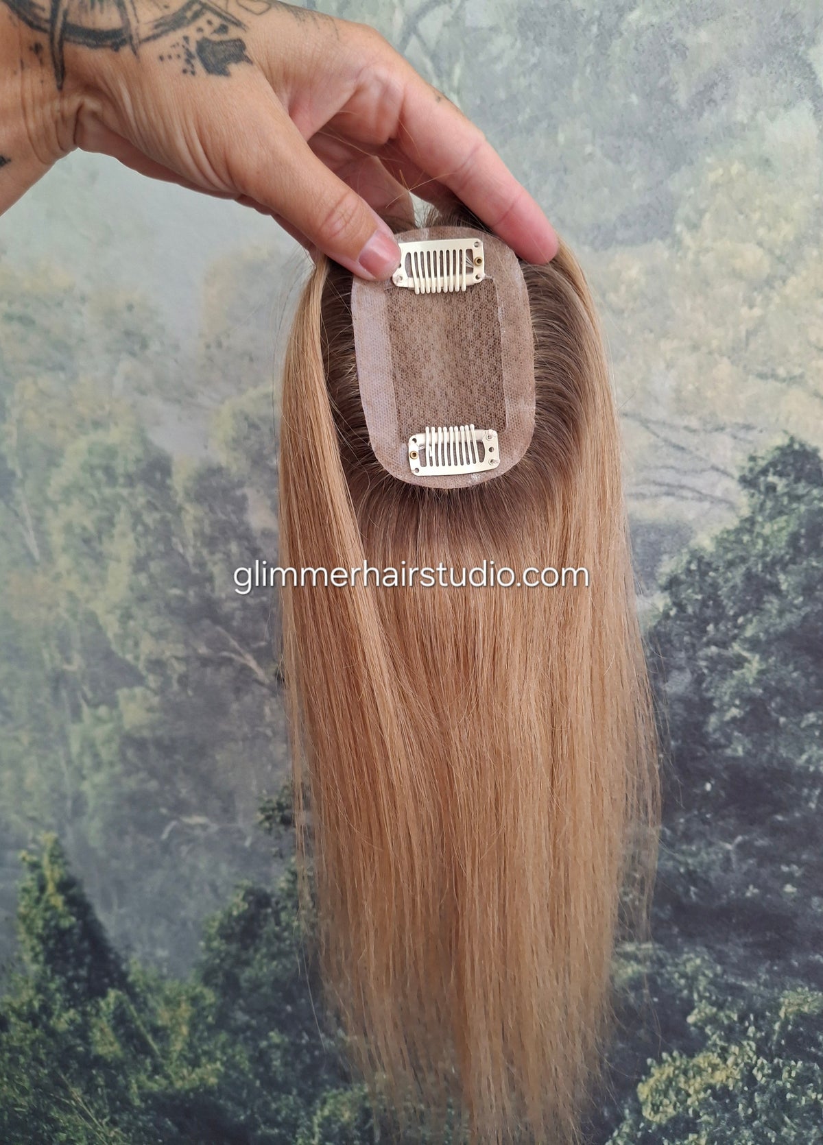 Teeny topper, strawberry blonde with root, silk base human hair booster, 14 inches long