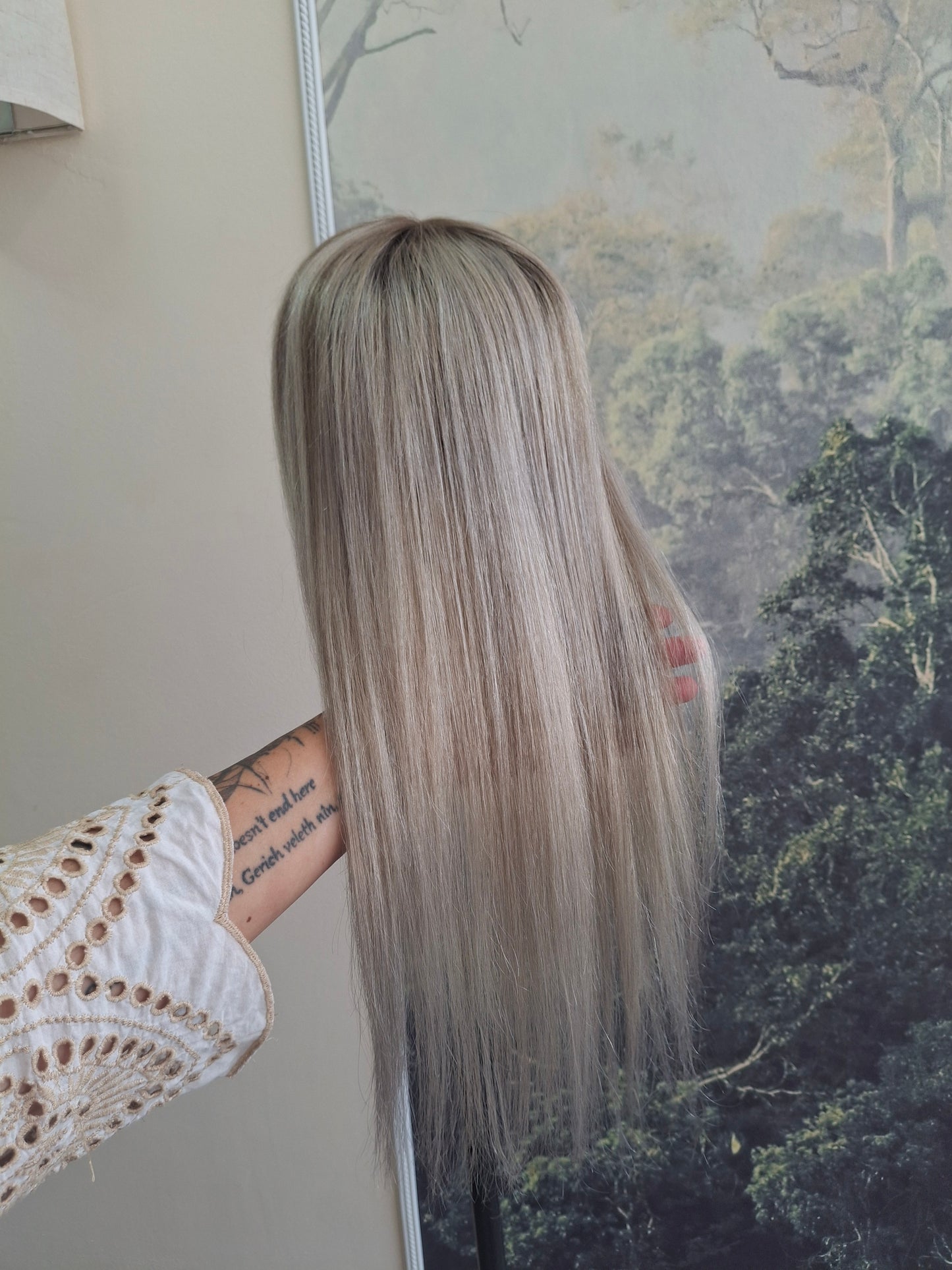 Mila quality human hair topper, full silk base, handmade, 18 inches long, #960- shadows and dust