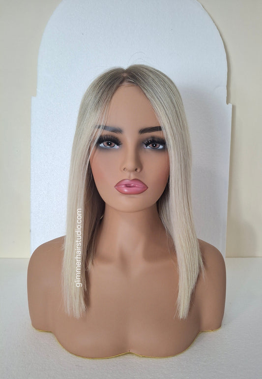 Lila human hair lace and silk wig, light blonde with shadow root, medium