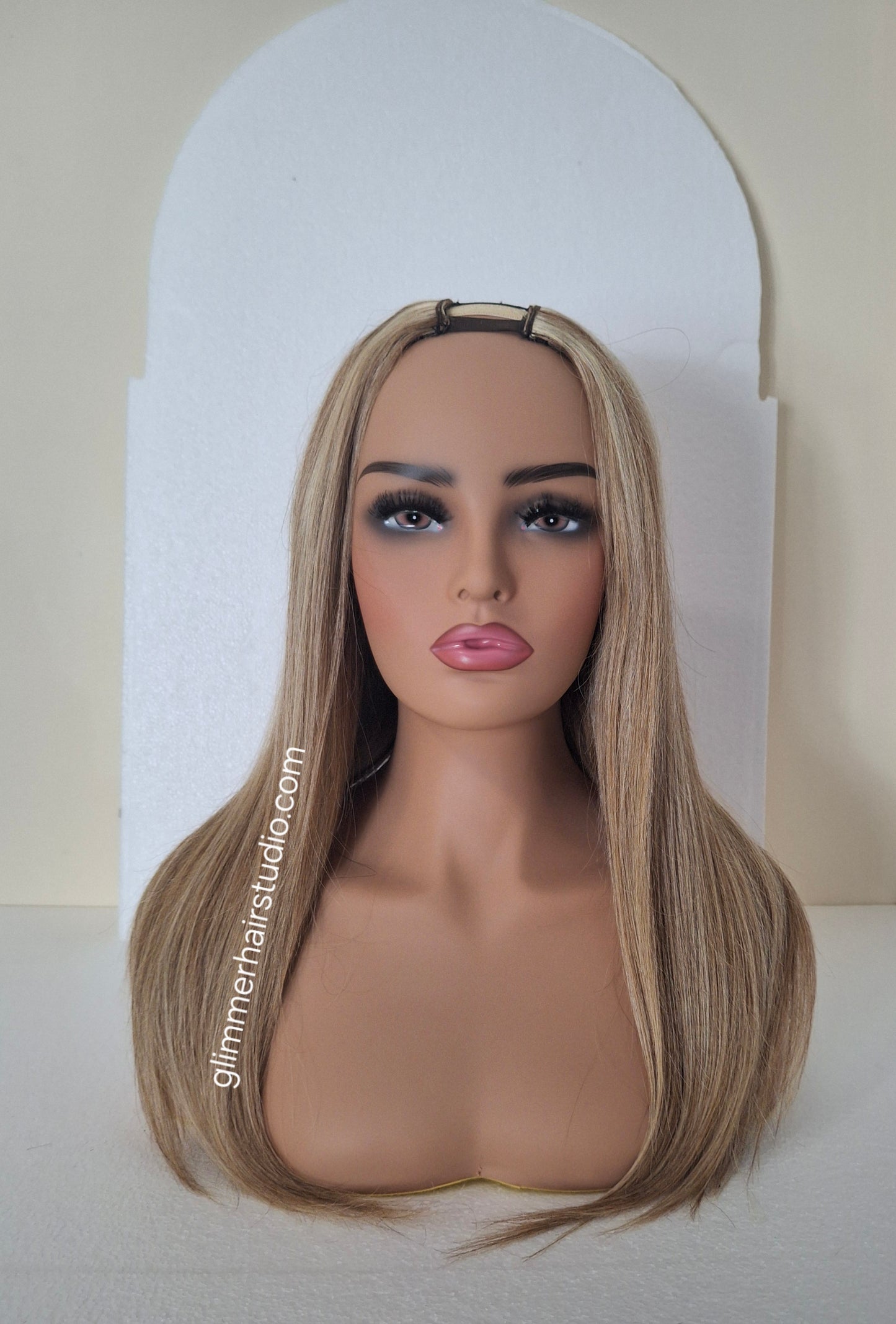 Grace U part wig, 100% human hair, #8/613-  golden brown, light blonde, 18  inches long