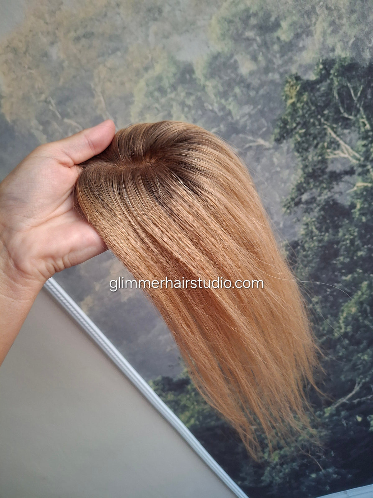 Teeny topper, strawberry blonde with root, silk base human hair booster, 14 inches long