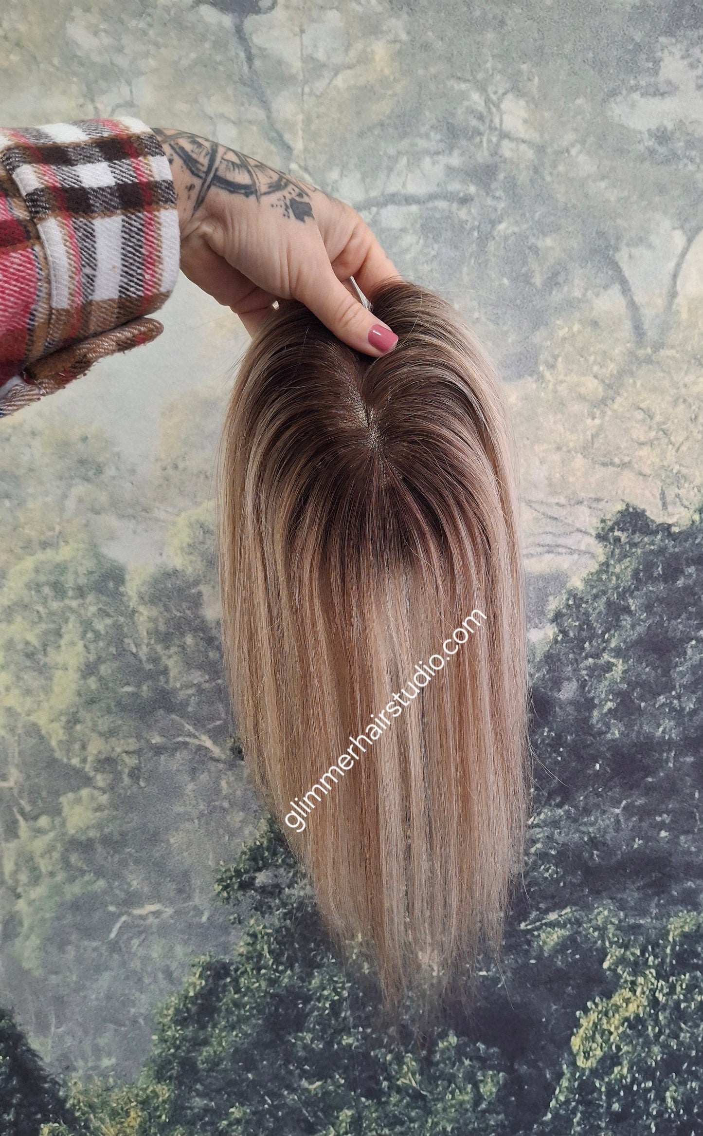 Betty lace and weft base human hair topper, small, lightweight, cookies and cream with root