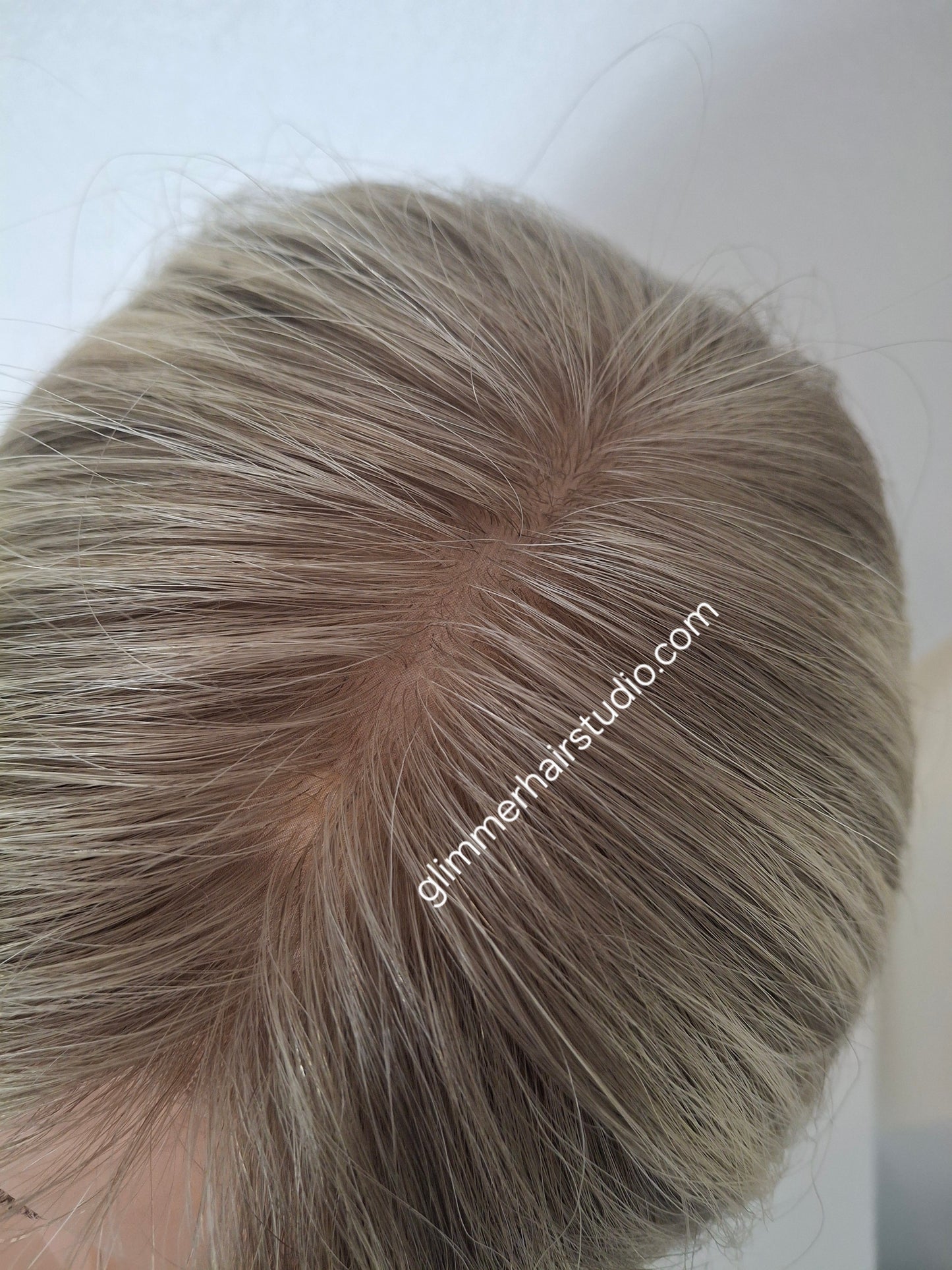 Lila human hair lace and silk wig, light blonde and ash blonde, medium