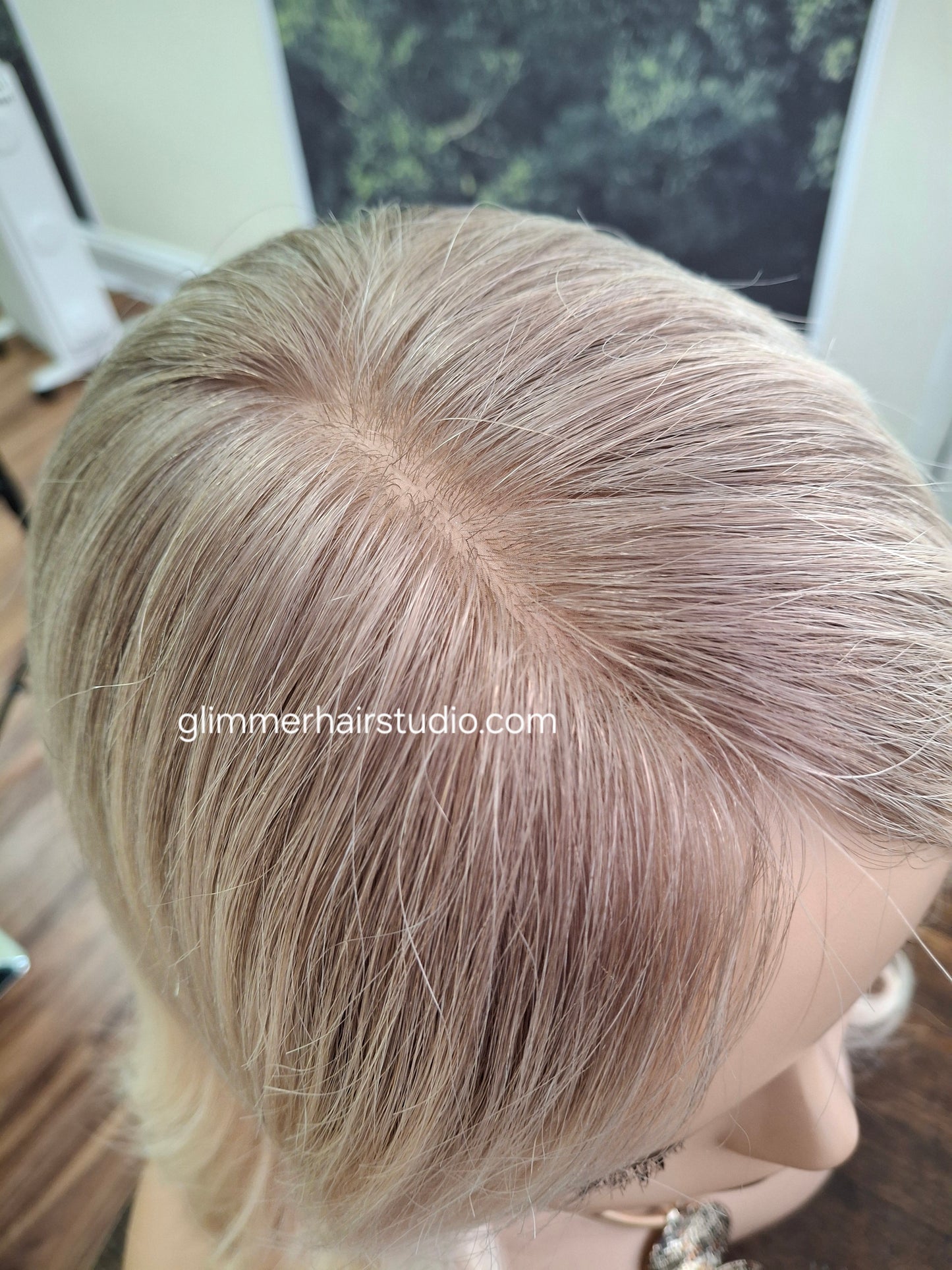 Lila human hair lace and silk wig, light blonde with shadow root, medium