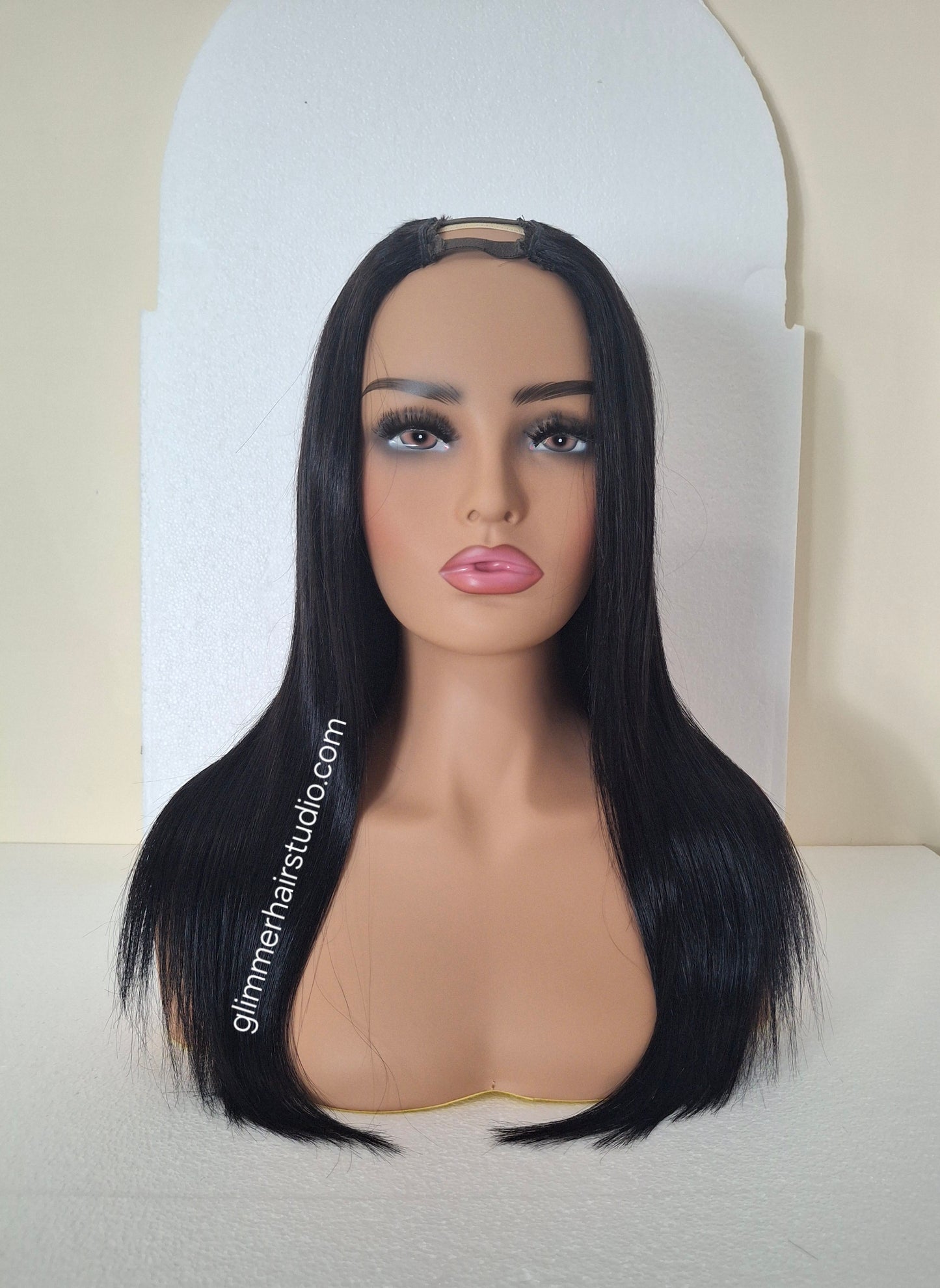 Grace U part wig, 100% human hair, #1b soft black, 18  inches long