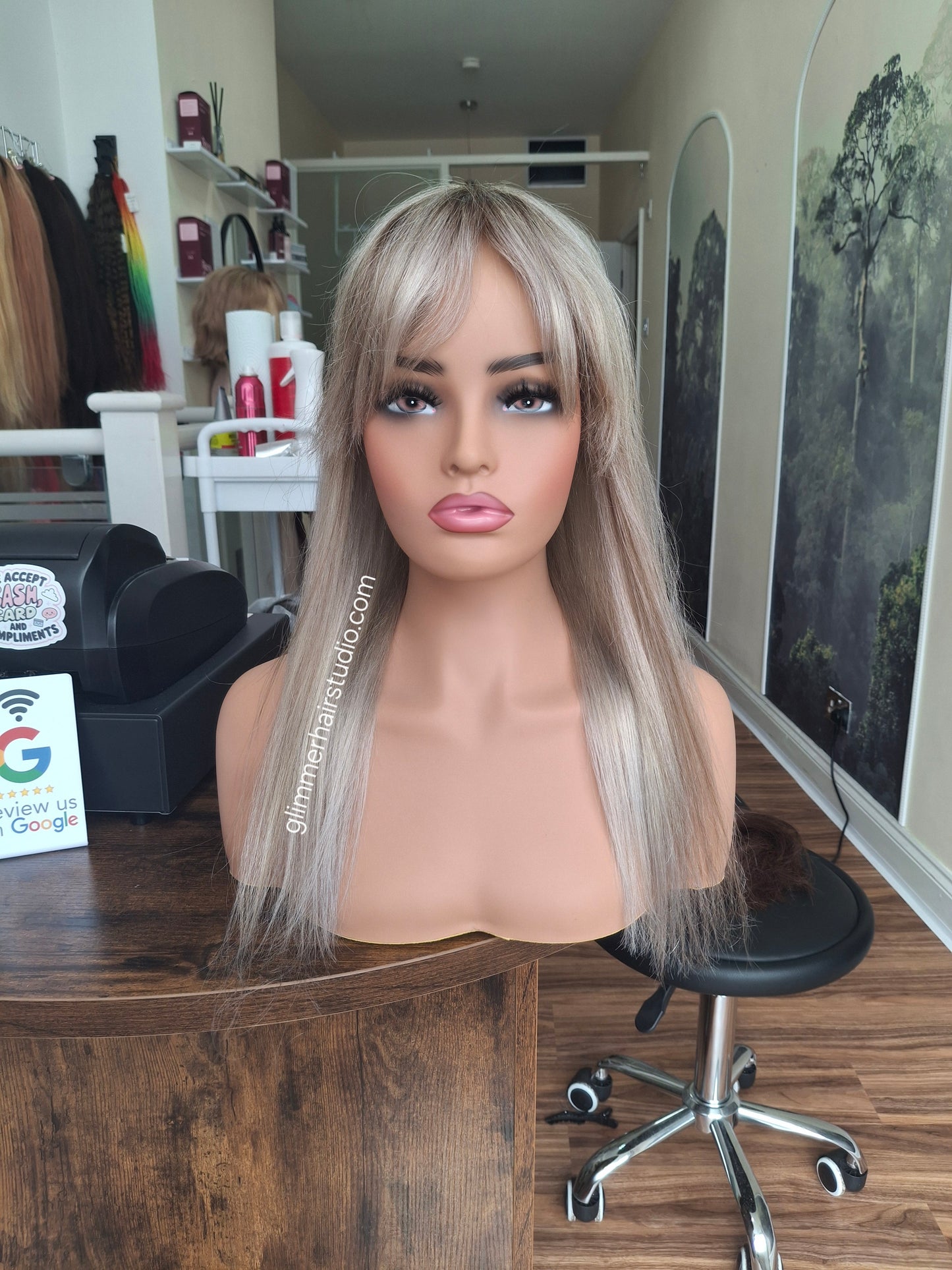 Mila quality human hair topper, full silk base, handmade, 18 inches long, #960- shadows and dust