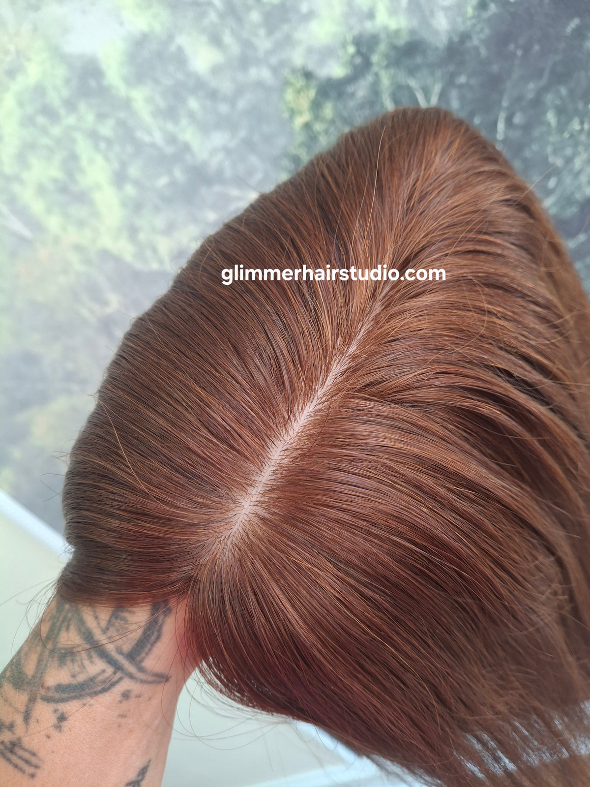 Mila quality human hair topper, full silk base, handmade, 14 inches long, #33 deep auburn