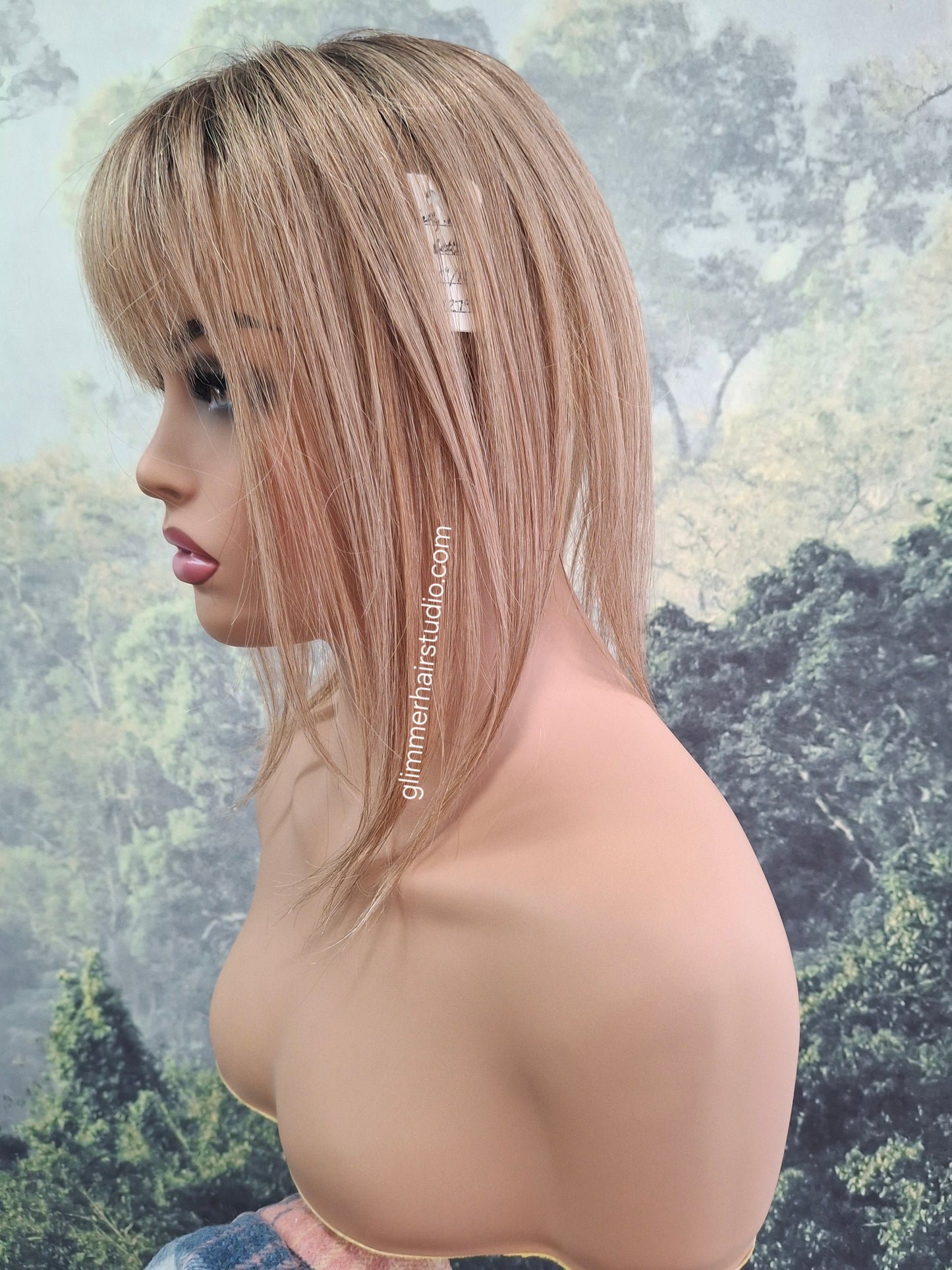 Betty lace and weft base human hair topper, small, lightweight, dark blonde with root, fringe, bangs